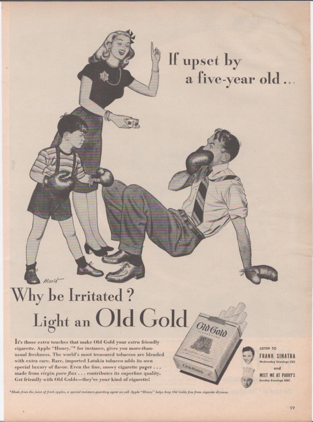 Vintage 1940s Old Gold Cigarettes original print advertisement, black and white illustration of boy boxer knocking down adult man with Frank Sinatra radio endorsement inset