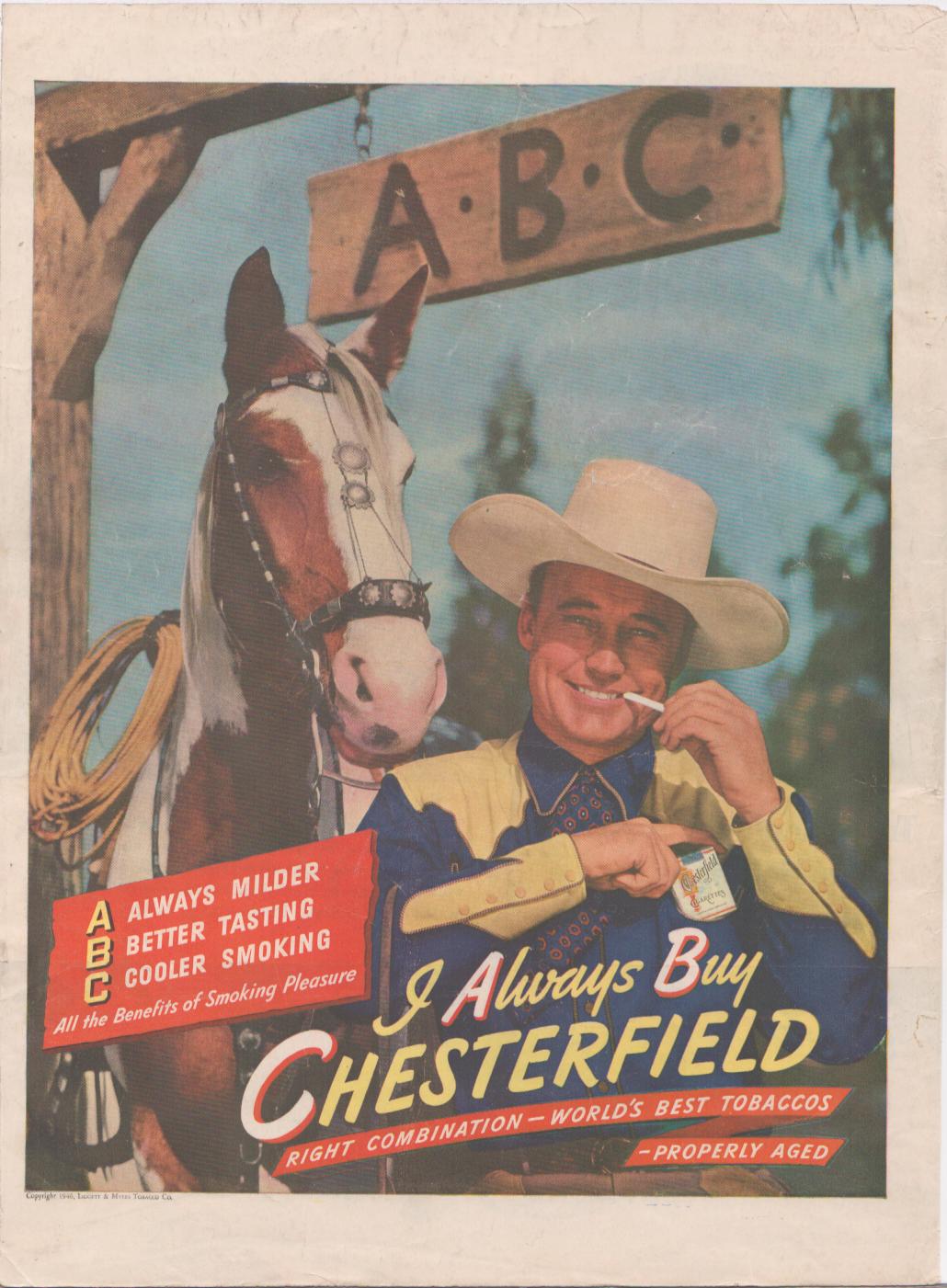 Vintage 1946 Chesterfield cigarettes original print advertisement, smiling cowboy with horse under ABC ranch sign holding a cigarette and pack