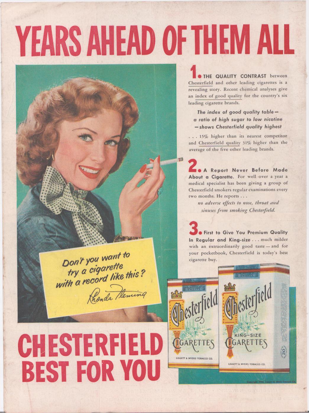 Vintage 1952 Chesterfield Cigarettes original print advertisement, Rhonda Fleming smiling with cigarette, bold red headline 'Years Ahead of Them All', regular and king-size Chesterfield packs displayed