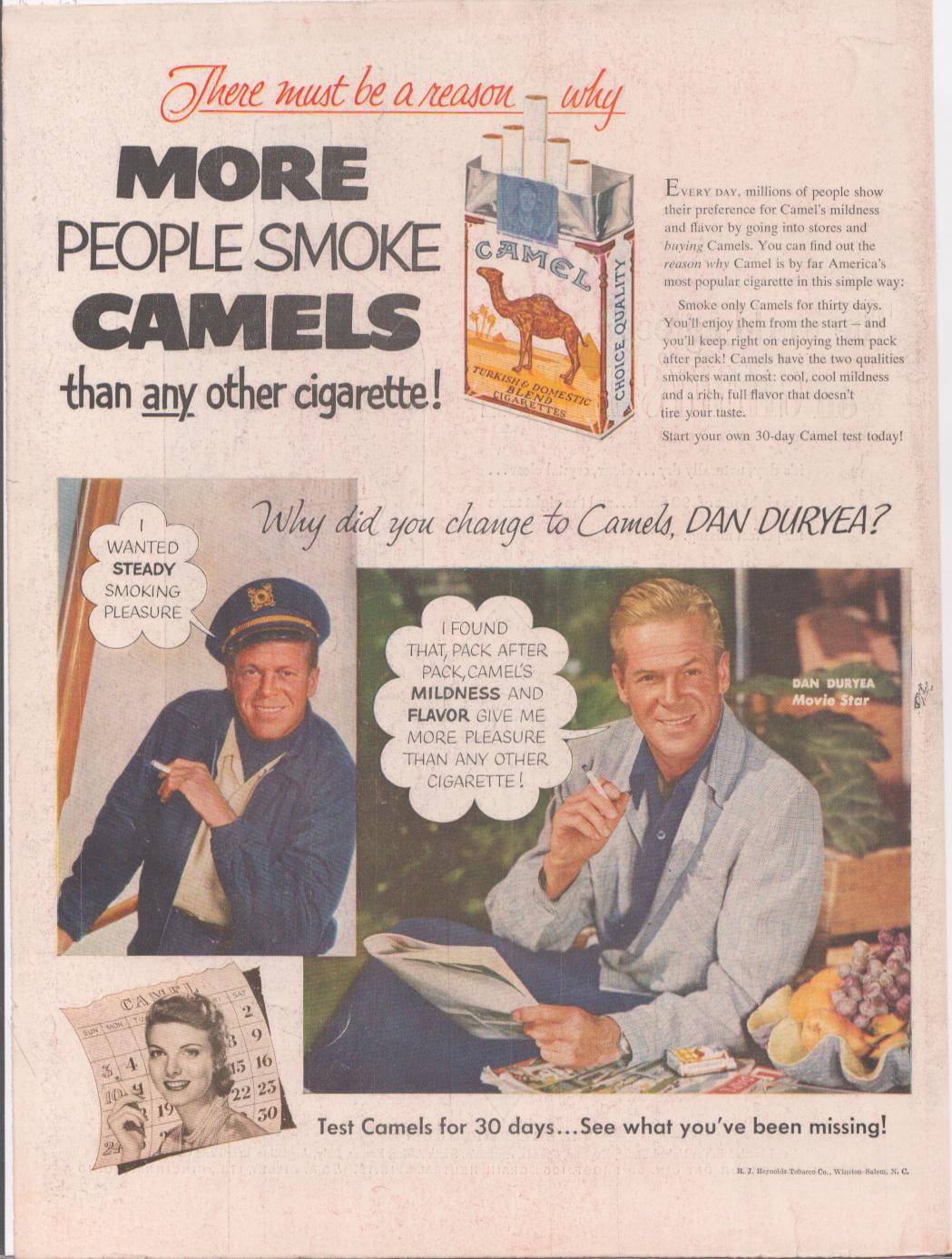 Vintage 1950s Camel Cigarettes original print advertisement featuring movie star Dan Duryea in dual-panel celebrity endorsement layout with speech bubbles and Camel pack illustration