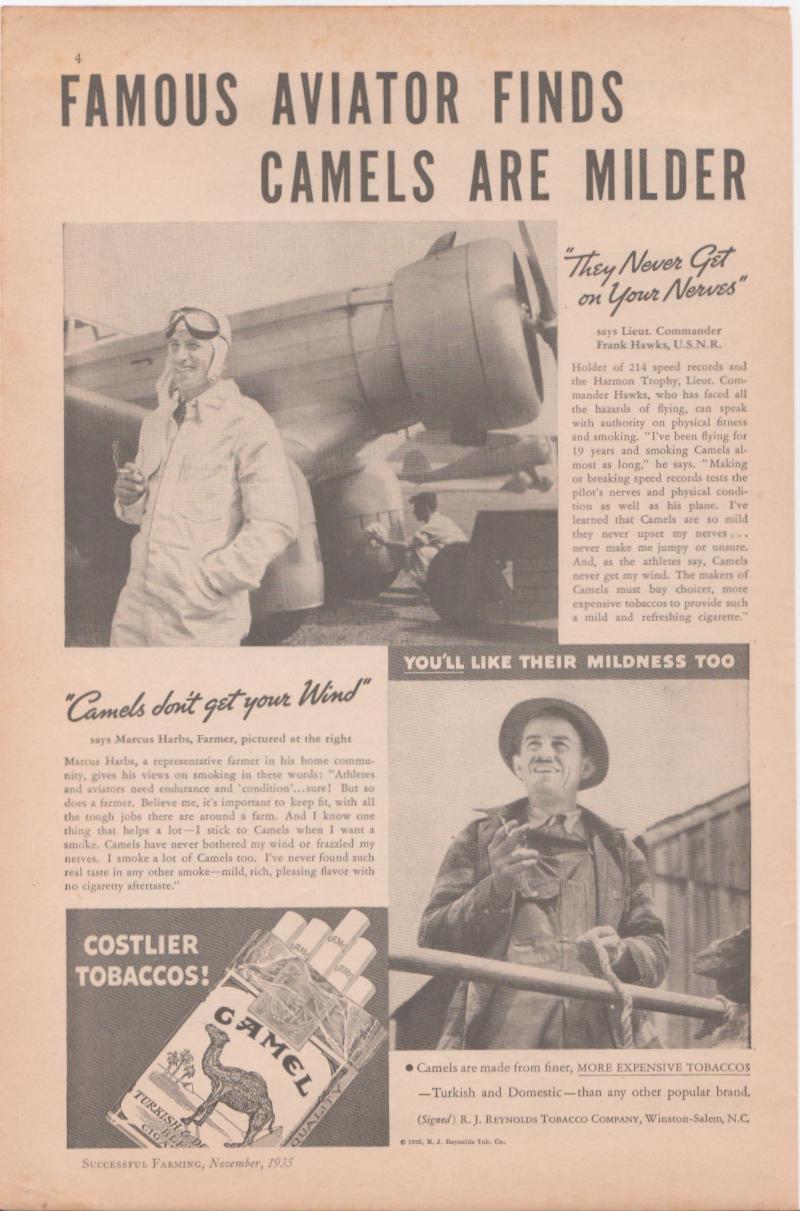 Vintage 1935 Camel Cigarettes original print advertisement, black and white featuring aviator Lieutenant Commander Frank Hawks in flight gear beside propeller aircraft with Camel cigarette pack inset