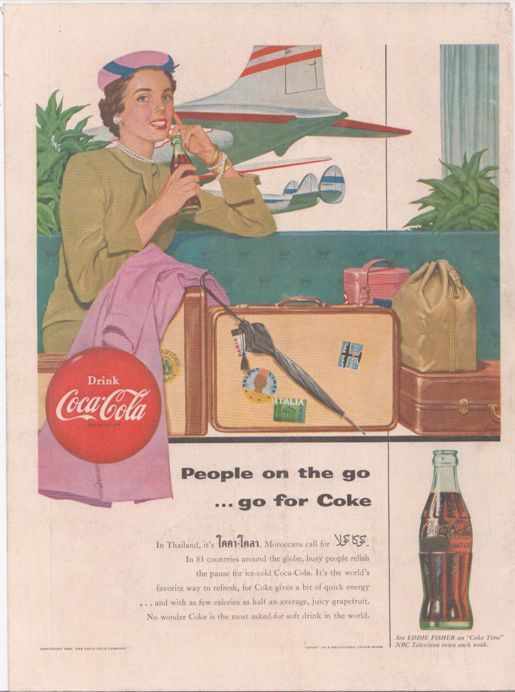 Vintage 1954 Coca-Cola 'People on the Go' original print advertisement, illustrated woman with travel luggage and international stickers sipping Coke with propeller airplane in background