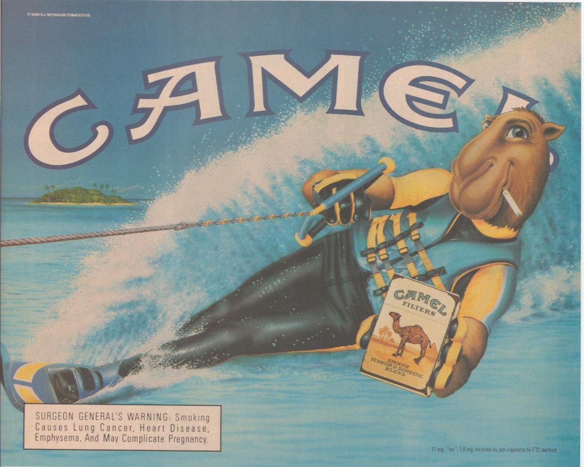 Vintage 1990 Camel Filters original print advertisement, Joe Camel cartoon character water skiing with cigarette and Camel pack against tropical ocean background