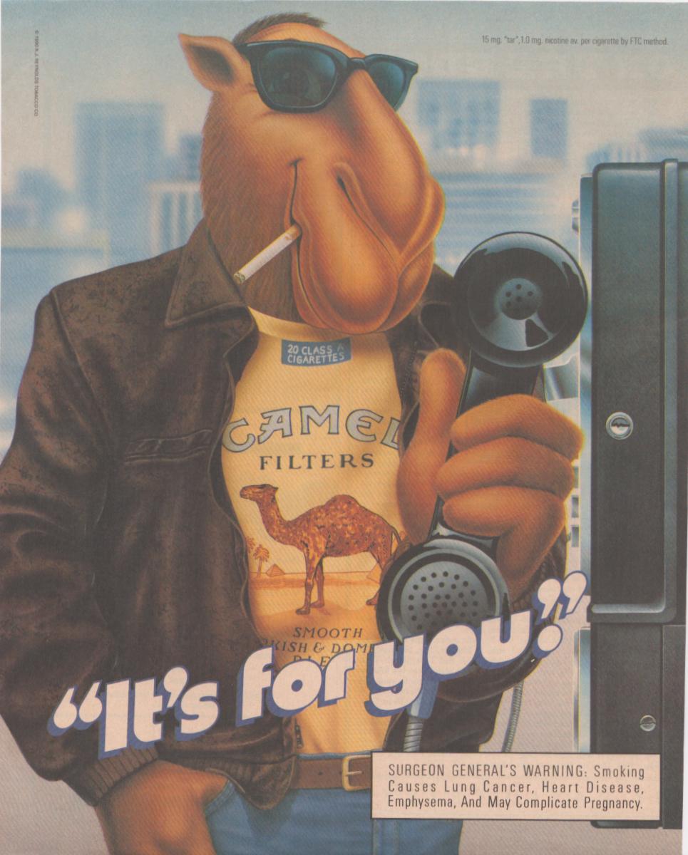 Vintage 1991 Camel Filters original print advertisement, Joe Camel cartoon character in sunglasses and leather jacket holding a pay phone with 'It's for you' tagline