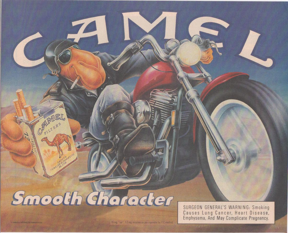 Vintage 1991 Camel Filters original print advertisement, Joe Camel cartoon character in leather jacket riding red chopper motorcycle holding cigarette pack