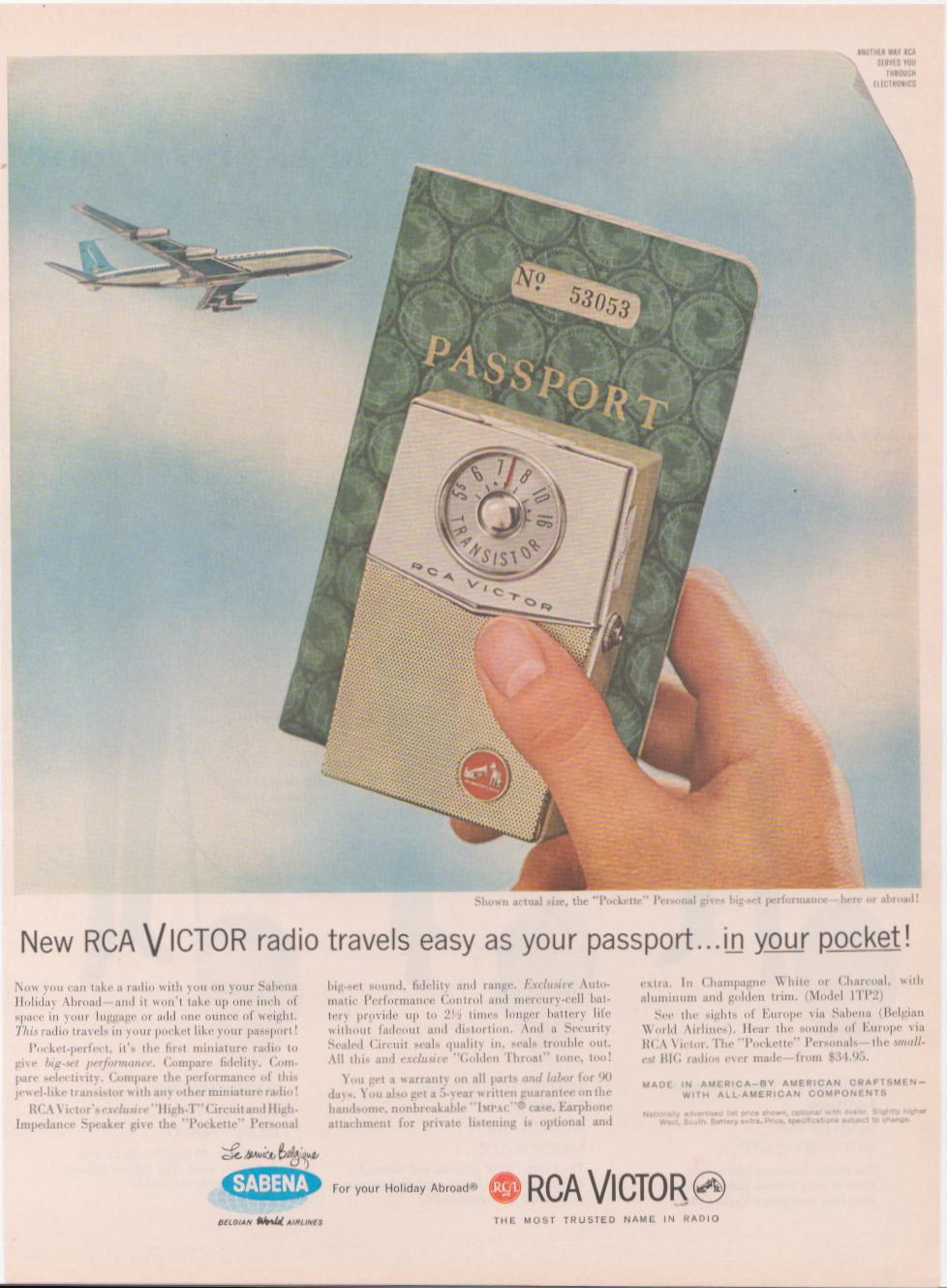 Vintage 1961 RCA Victor Pockette Personal transistor radio original print advertisement, hand holding small radio next to passport with Sabena jetliner in background