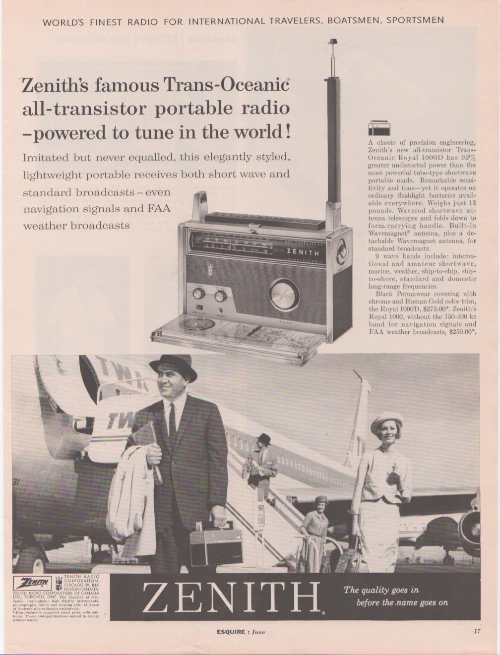 Vintage 1962 Zenith Trans-Oceanic Royal 1000D original print advertisement, black and white image of portable shortwave radio with TWA jet airliner and travelers in background