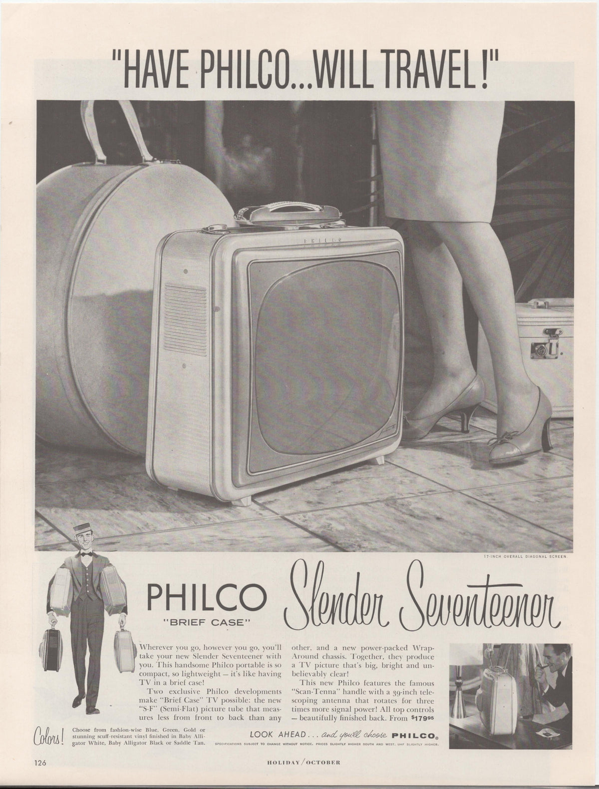Vintage 1950s Philco Slender Seventeener original print advertisement, black and white image of portable television set among luggage with 'Have Philco...Will Travel!' headline