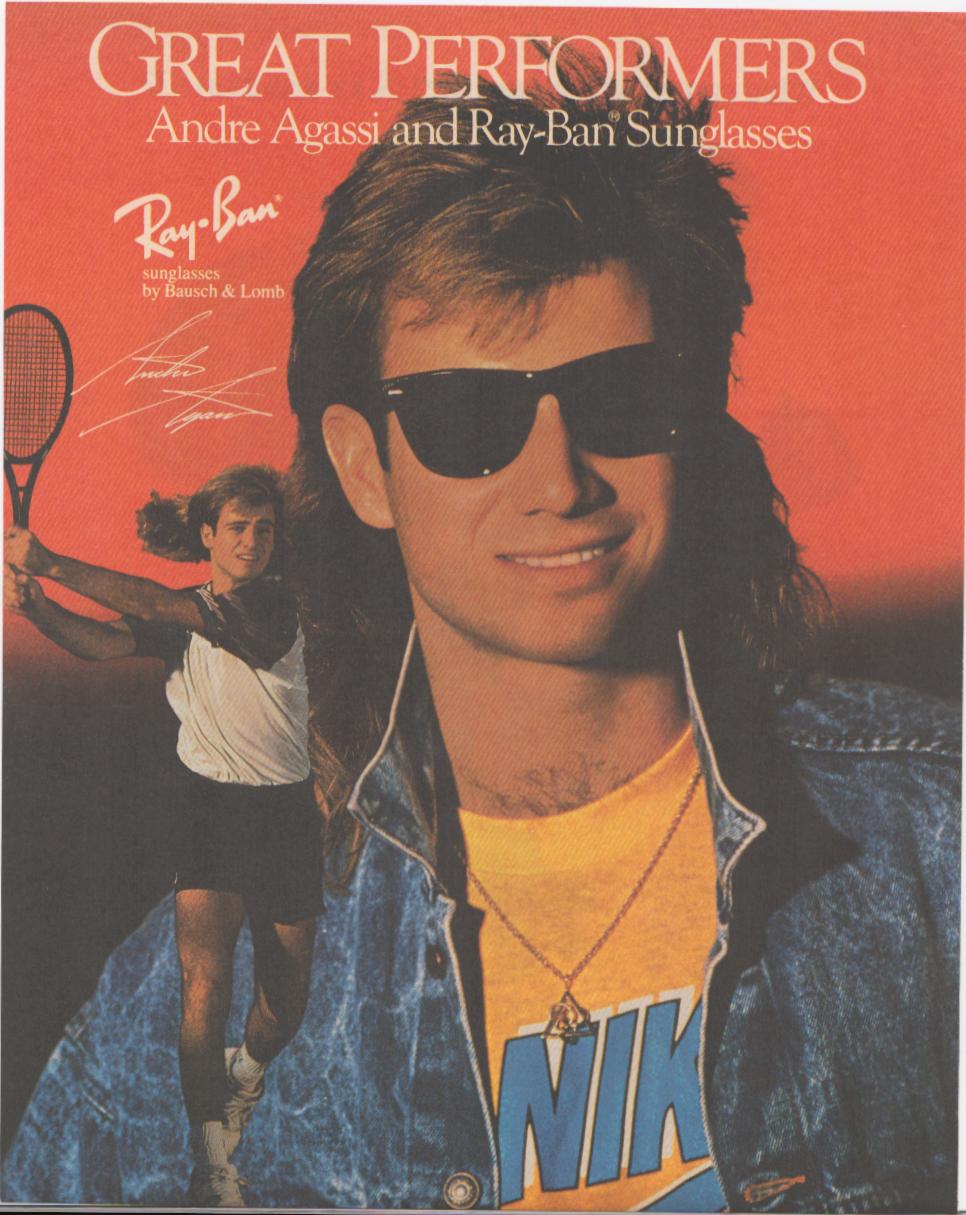 Vintage 1988 Ray-Ban Sunglasses original print advertisement featuring Andre Agassi in mullet and acid-wash denim jacket wearing Ray-Ban Wayfarers against a red background with tennis action shot