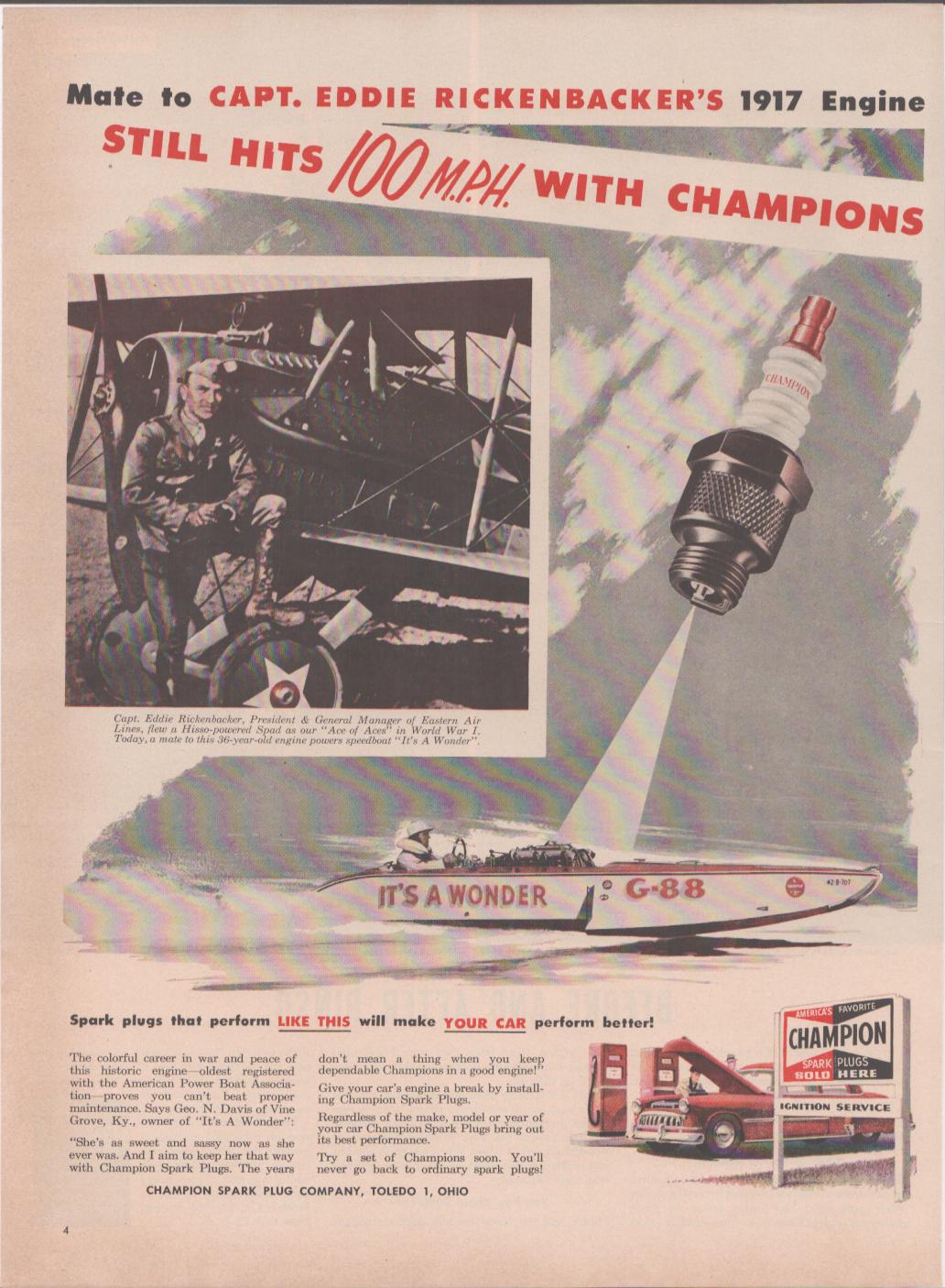 Vintage 1940s Champion Spark Plugs original print advertisement featuring Captain Eddie Rickenbacker with his WWI Spad biplane and the speedboat 'It's A Wonder' G-88