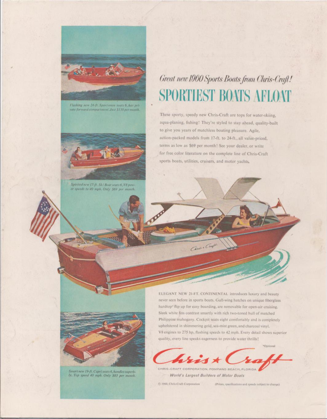 Vintage 1960 Chris-Craft Continental original print advertisement, full-color spread featuring mahogany runabouts on open water with American flag and stylish passengers