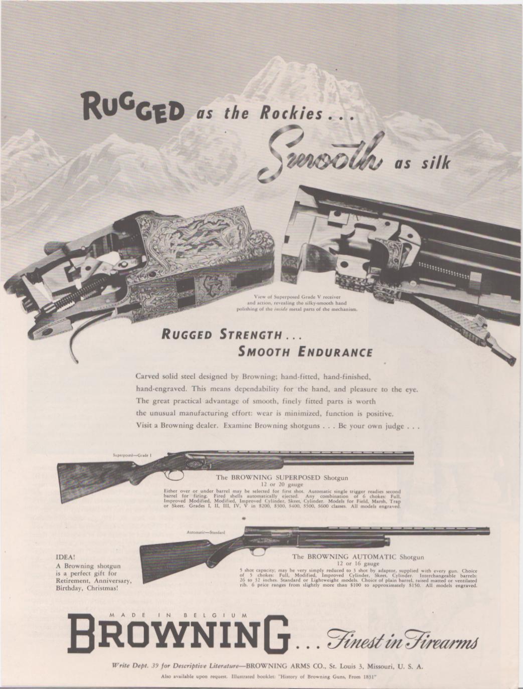 Vintage 1950s Browning Superposed and Automatic Shotgun original print advertisement, black and white ad featuring detailed mechanical imagery of engraved receiver and two shotgun models with Rocky Mountain backdrop