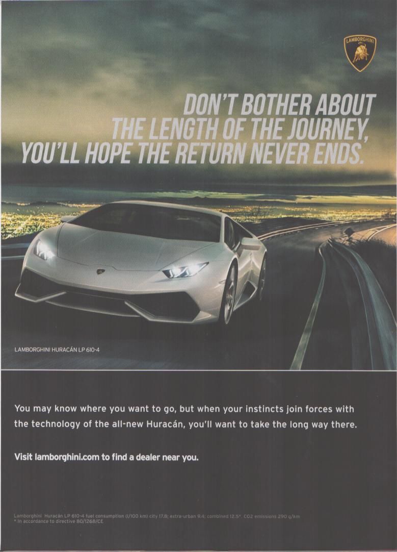 Vintage 2014 Lamborghini Huracán LP 610-4 original print advertisement, pearl white supercar on dramatic night road with glowing city skyline in background