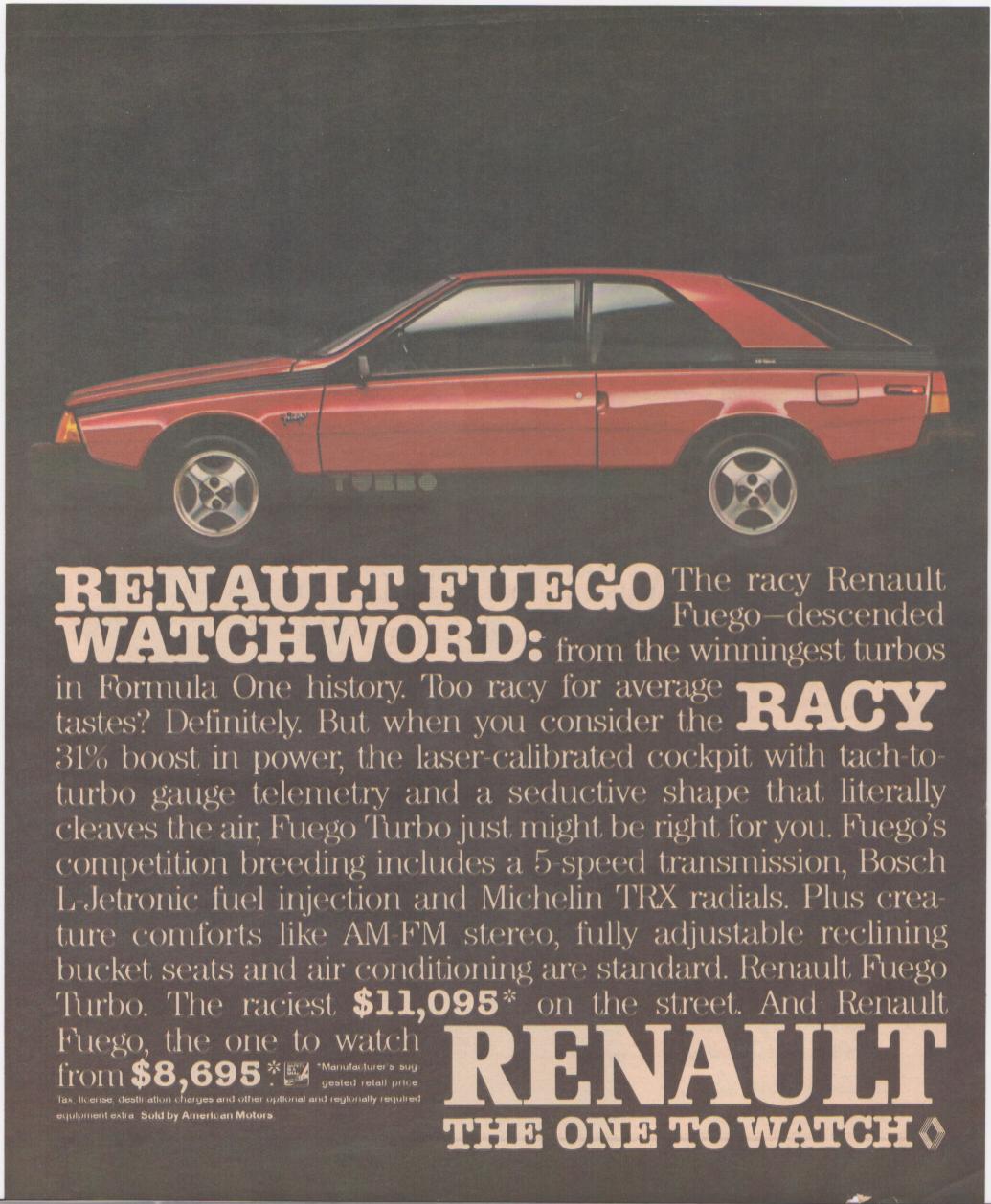 Vintage 1982 Renault Fuego Turbo original print advertisement, red sport coupe shown in side profile against dark background with bold headline copy