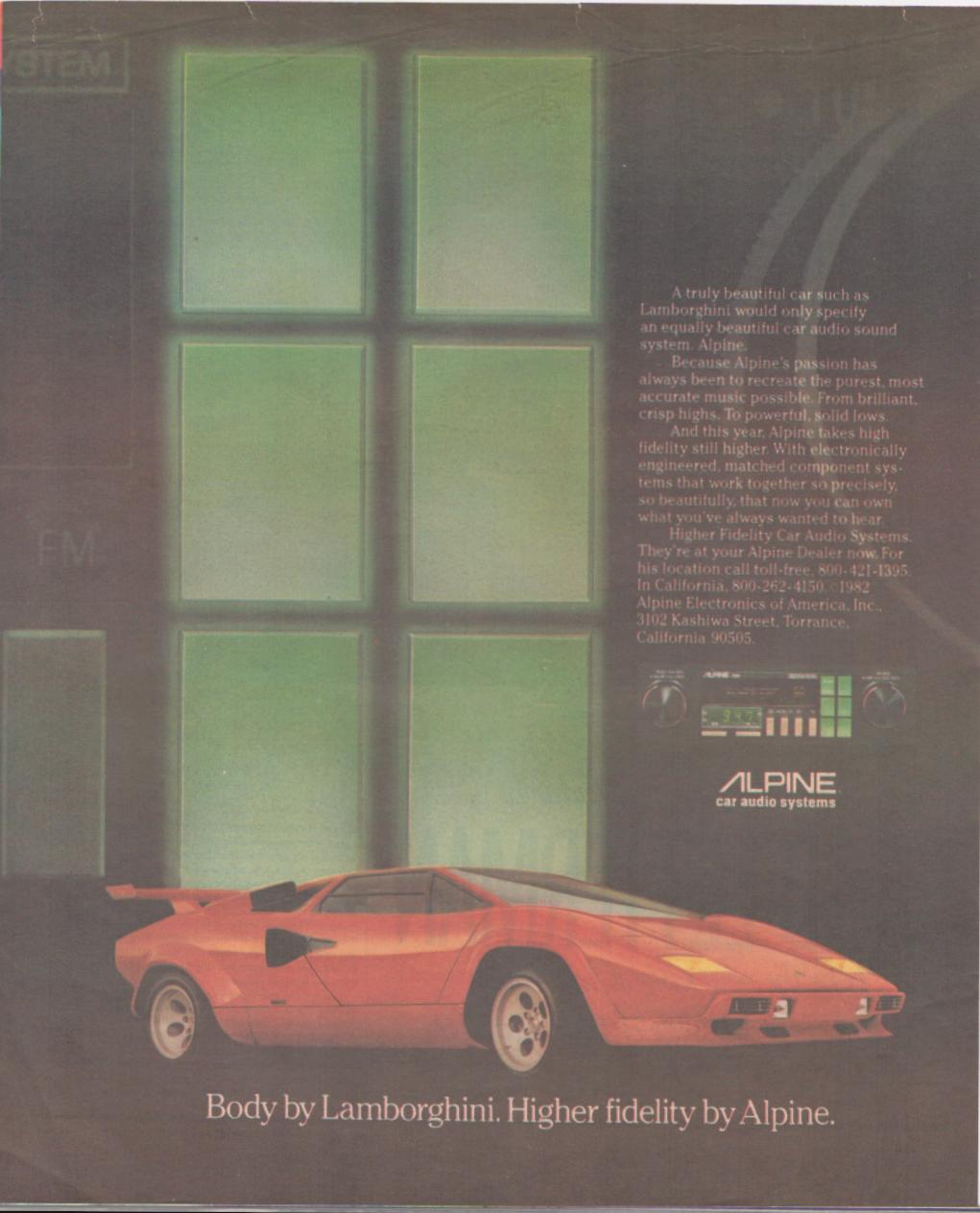 Vintage 1982 Alpine Car Audio original print advertisement featuring a red Lamborghini Countach parked before large green-lit windows with headline 'Body by Lamborghini. Higher fidelity by Alpine.'