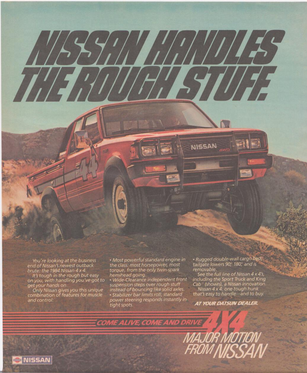 Vintage 1984 Nissan 4x4 pickup truck original print advertisement, red King Cab truck airborne over desert terrain with bold off-road lifestyle imagery