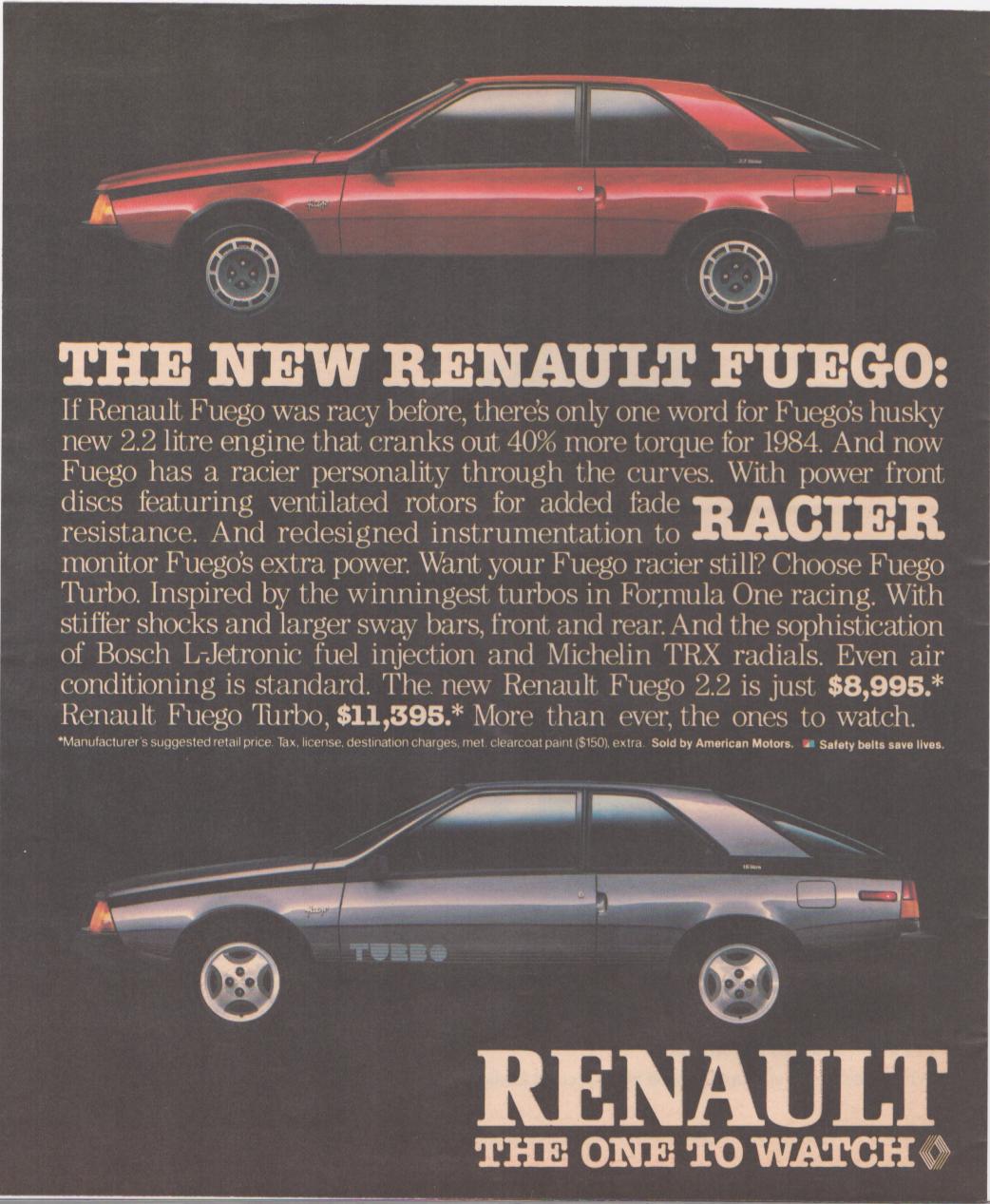 Vintage 1984 Renault Fuego Turbo original print advertisement, two fastback coupes shown in red and silver against a dark background with bold headline copy