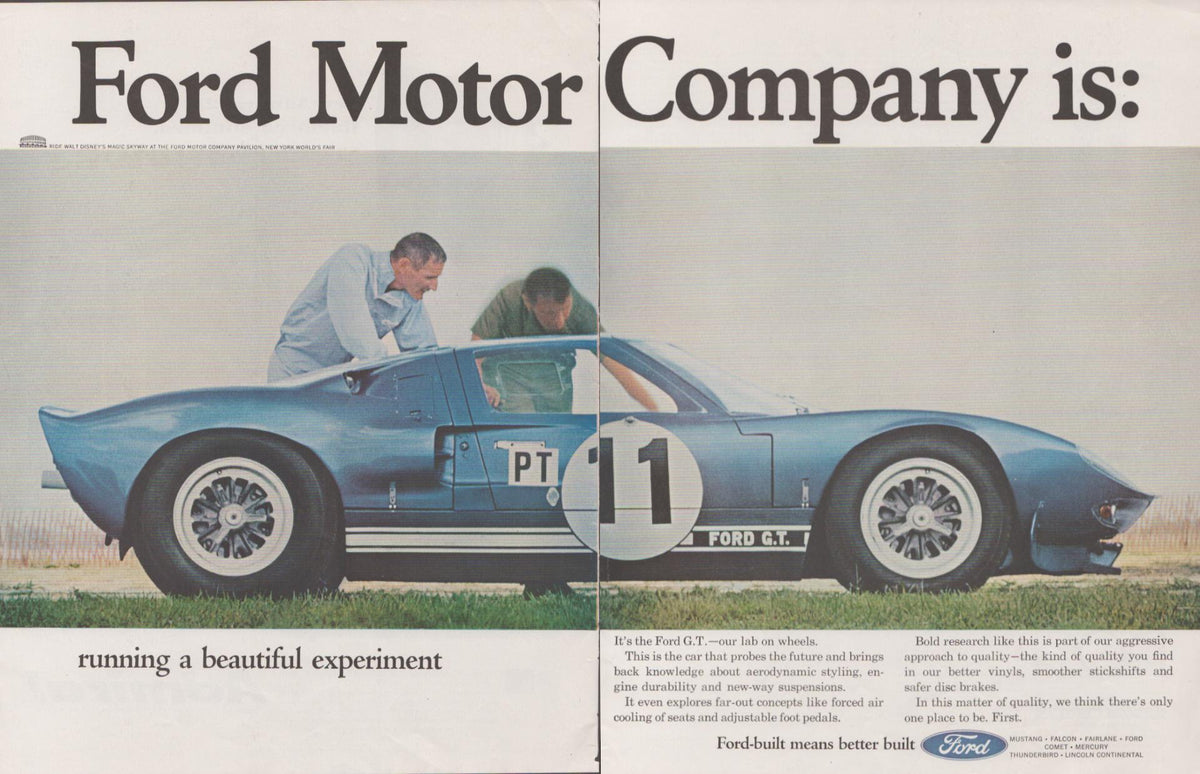 Vintage 1964 Ford GT40 original print advertisement, two-page spread showing blue race car number 11 with engineers examining cockpit, 'running a beautiful experiment' headline