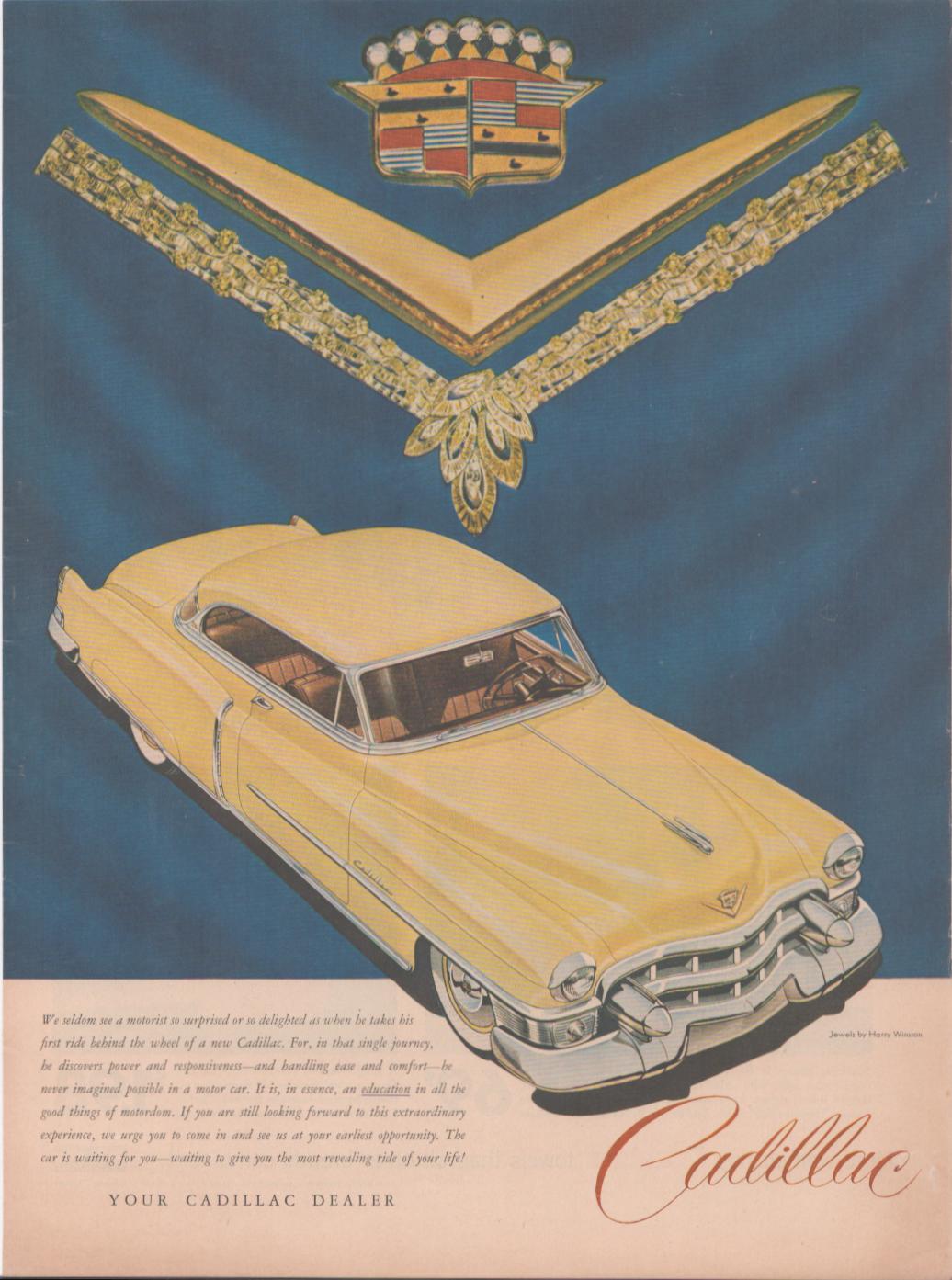 Vintage 1953 Cadillac Coupe de Ville original print advertisement, cream yellow hardtop coupe illustrated against blue background with Harry Winston diamond necklace and Cadillac crest above