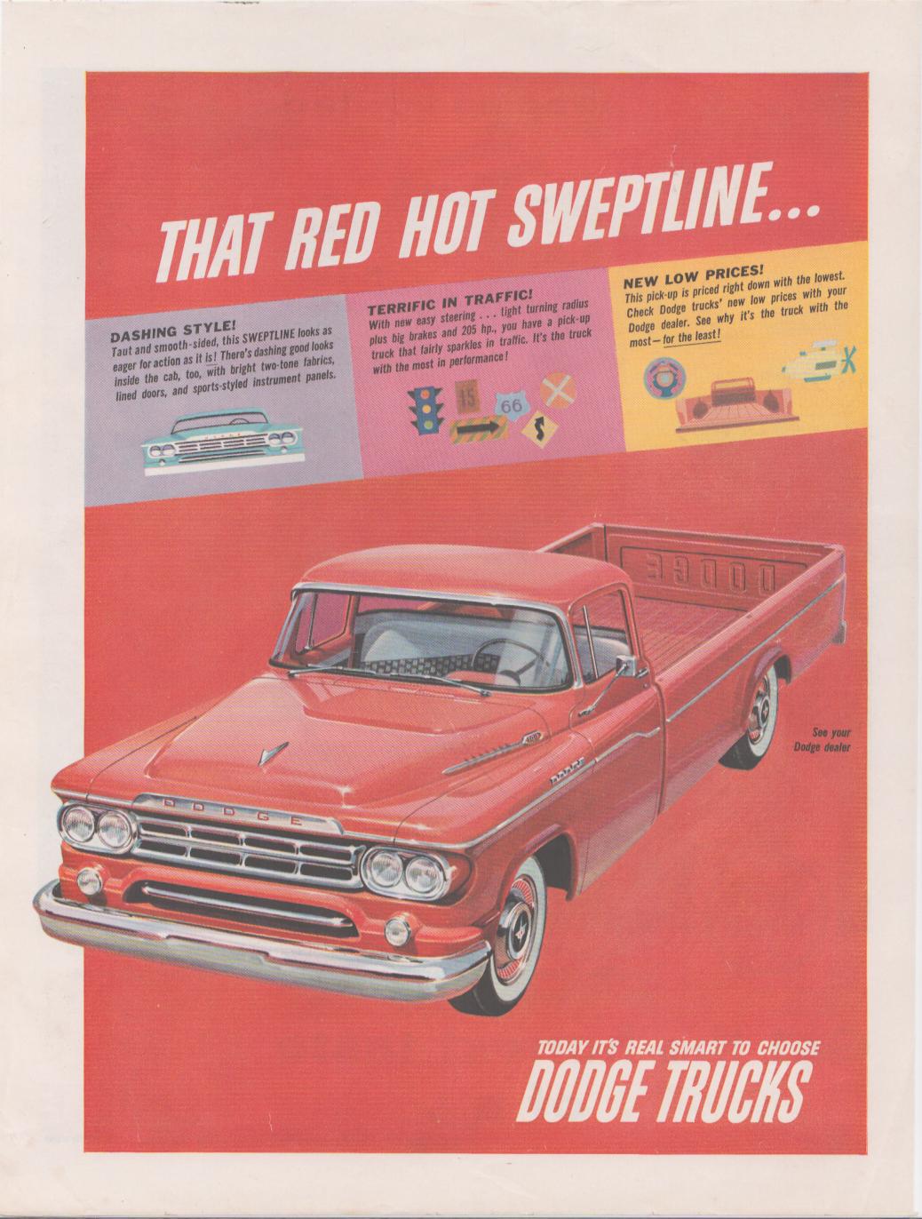 Vintage 1959 Dodge Sweptline pickup truck original print advertisement, bold red background with illustrated red pickup truck and 'That Red Hot Sweptline' headline