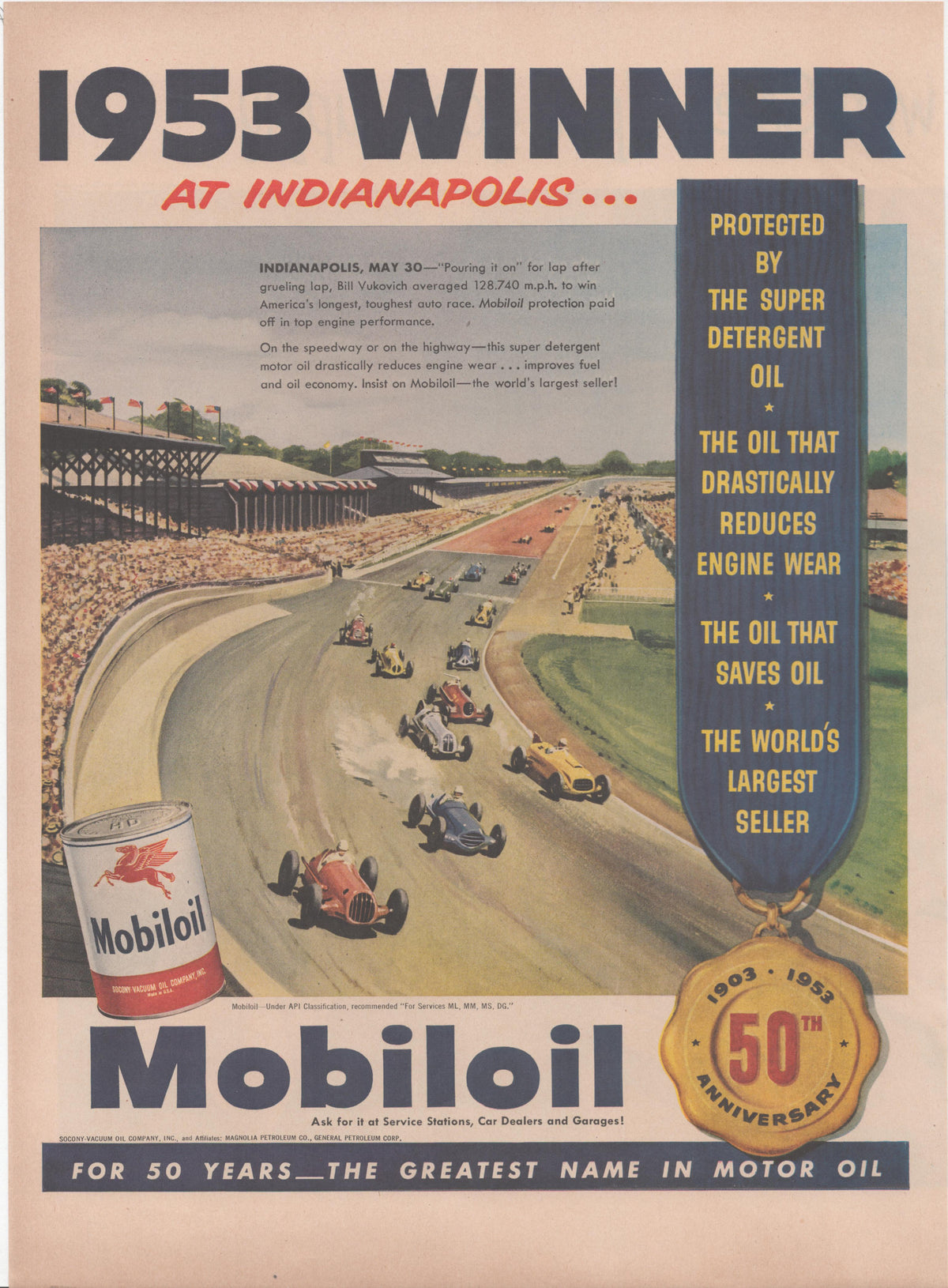 Vintage 1953 Mobiloil original print advertisement, colorful illustrated scene of open-wheel race cars on the Indianapolis Motor Speedway with Mobiloil can and 50th anniversary medallion