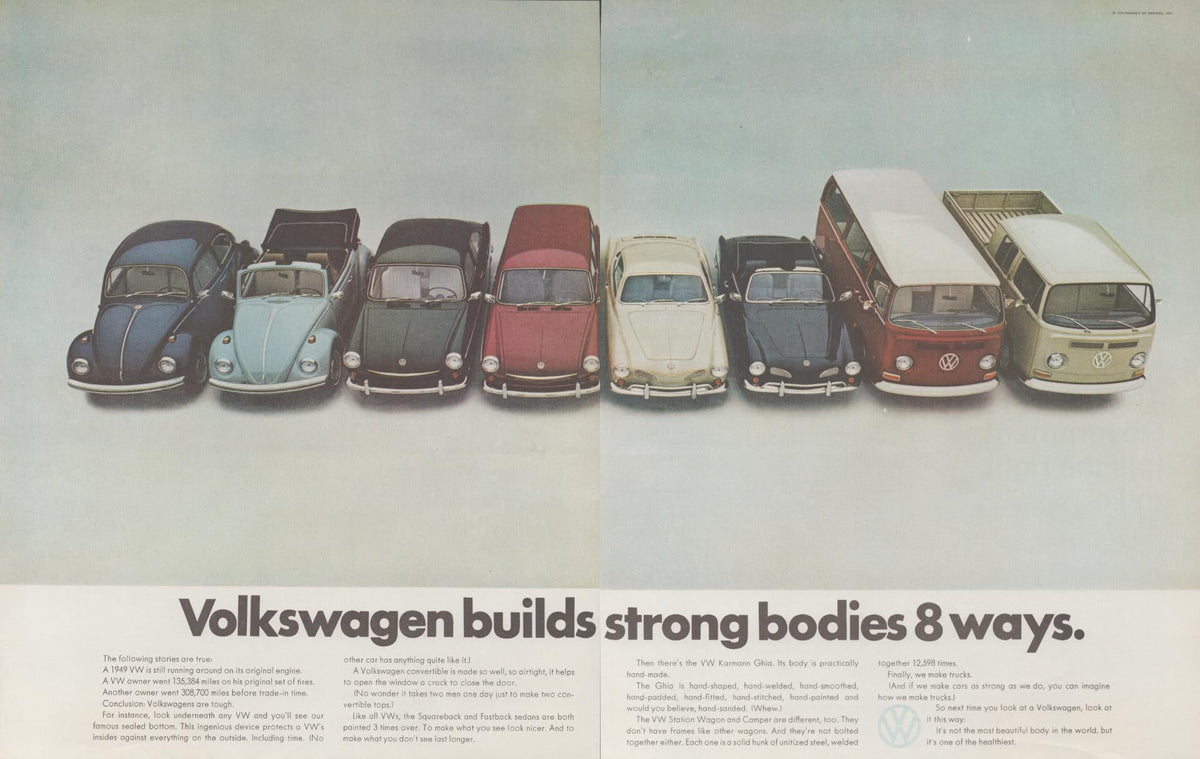 Vintage 1967 Volkswagen 'Builds Strong Bodies 8 Ways' original print advertisement, full lineup of eight VW models including Beetle, Karmann Ghia, and Bus posed in a row on a light background