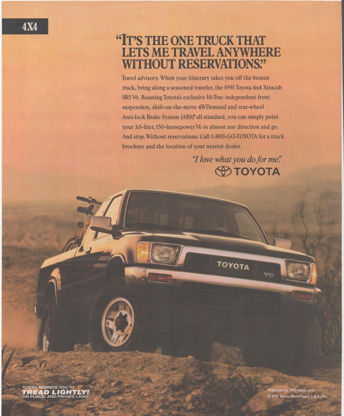 Vintage 1991 Toyota 4x4 Xtracab SR5 V6 original print advertisement, dark pickup truck climbing rocky desert ridge against amber sunset sky