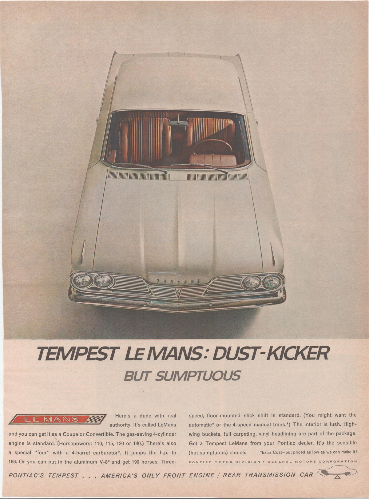 Vintage 1962 Pontiac Tempest LeMans original print advertisement, overhead bird's-eye view of white coupe revealing copper bucket-seat interior with bold 'Dust-Kicker But Sumptuous' headline