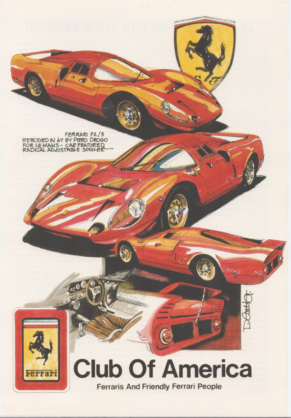 Vintage 1967 Ferrari P2/3 original print advertisement, illustrated artwork showing multiple angles of the Le Mans racing prototype in red and gold with Ferrari Club of America branding