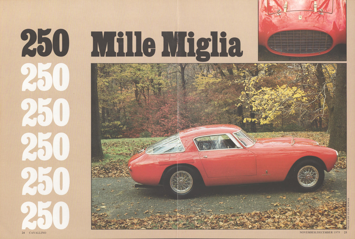 Vintage 1972 Ferrari 250 Mille Miglia original print advertisement, red Ferrari coupe photographed in autumn woodland setting with bold typographic layout and grille detail inset
