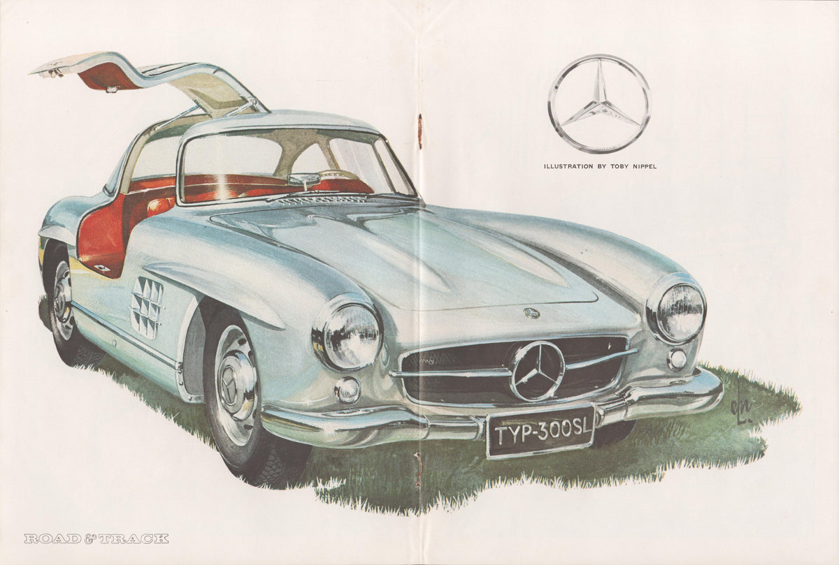 Vintage 1950s Mercedes-Benz 300SL Gullwing original print advertisement, color illustration by Toby Nippel showing silver-blue coupe with gullwing doors open and red interior