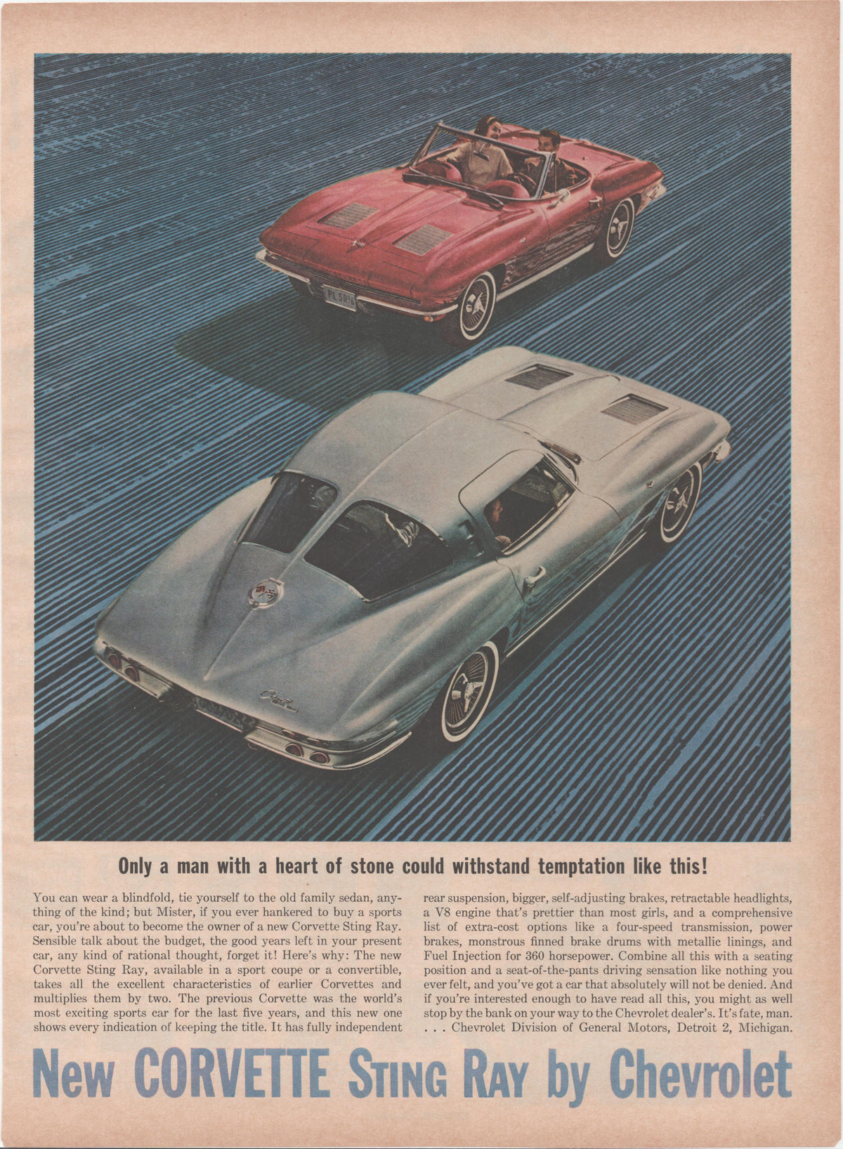 Vintage 1963 Chevrolet Corvette Sting Ray original print advertisement, overhead view of red convertible and silver split-window coupe on blue graphic background