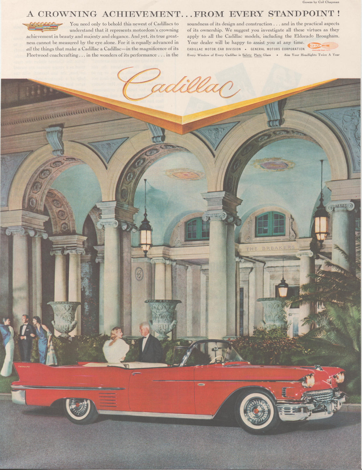 Vintage 1958 Cadillac Eldorado convertible original print advertisement, coral-red open-top car posed before The Breakers hotel colonnades with elegantly dressed figures