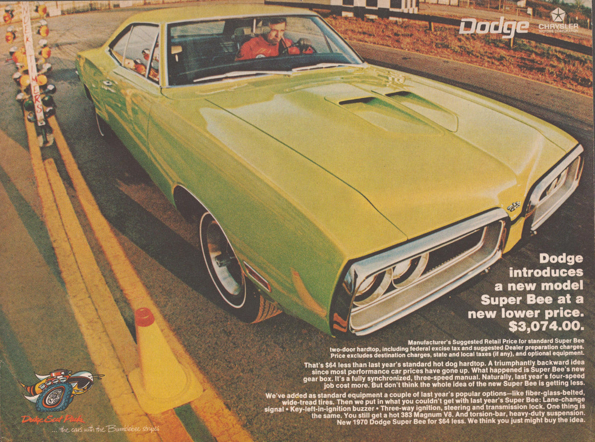 Vintage 1970 Dodge Super Bee original print advertisement, lime green hardtop muscle car at a racing venue with Scat Pack Bumblebee logo