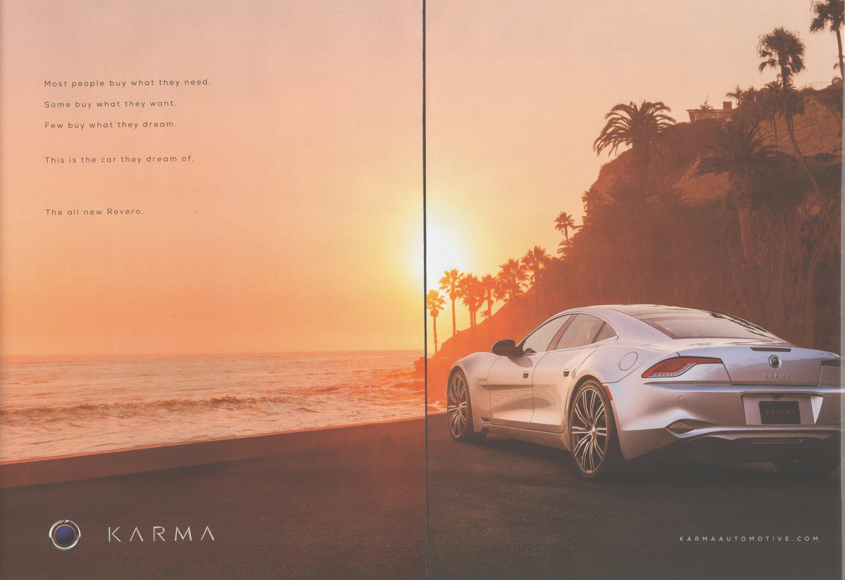 Vintage 2016 Karma Revero original print advertisement, silver luxury electric car parked on a California coastal road at sunset with palm trees and ocean in background