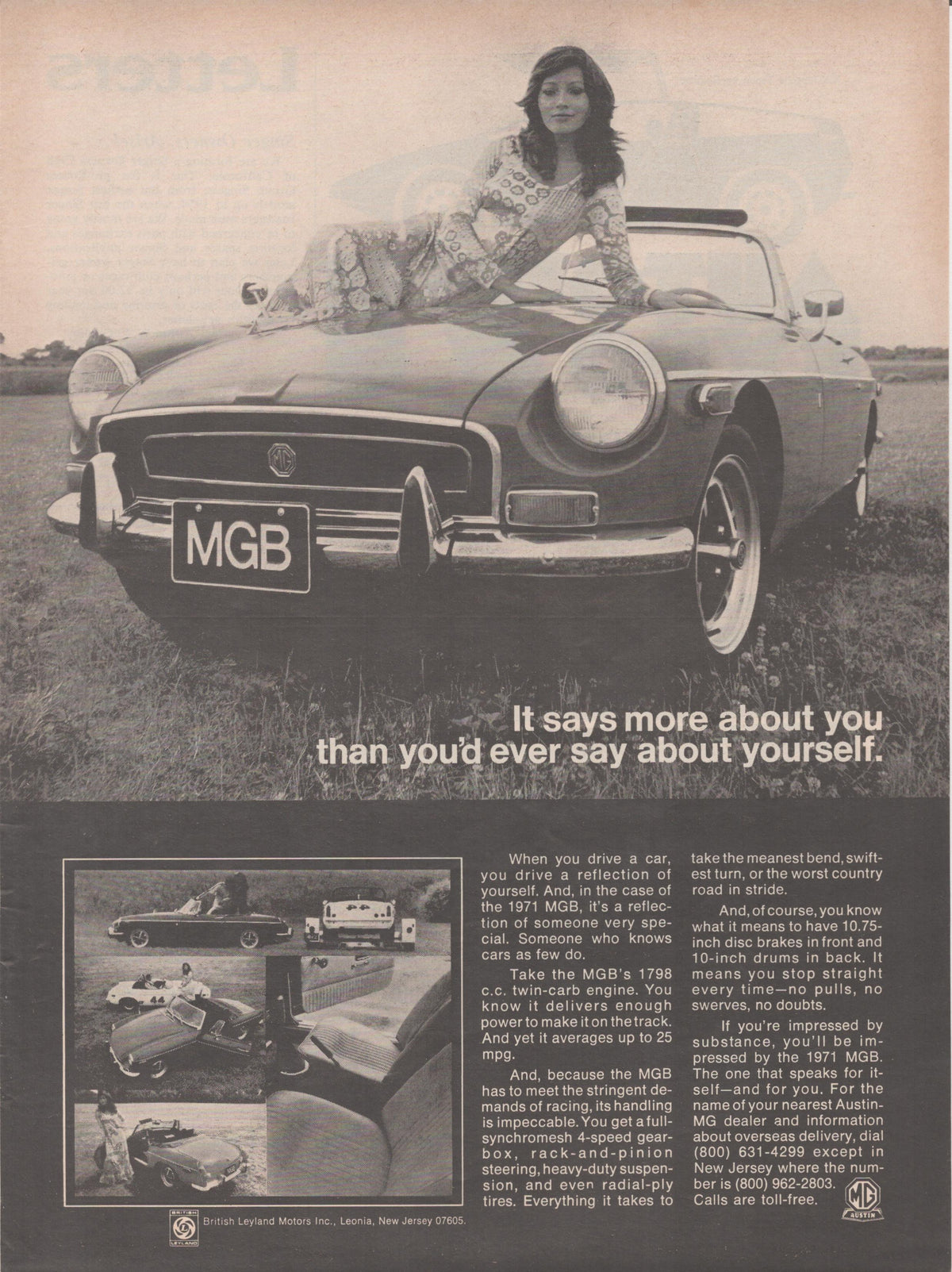 Vintage 1971 MG MGB original print advertisement, black and white photo of woman posed on MGB roadster in open field with headline 'It says more about you than you'd ever say about yourself'
