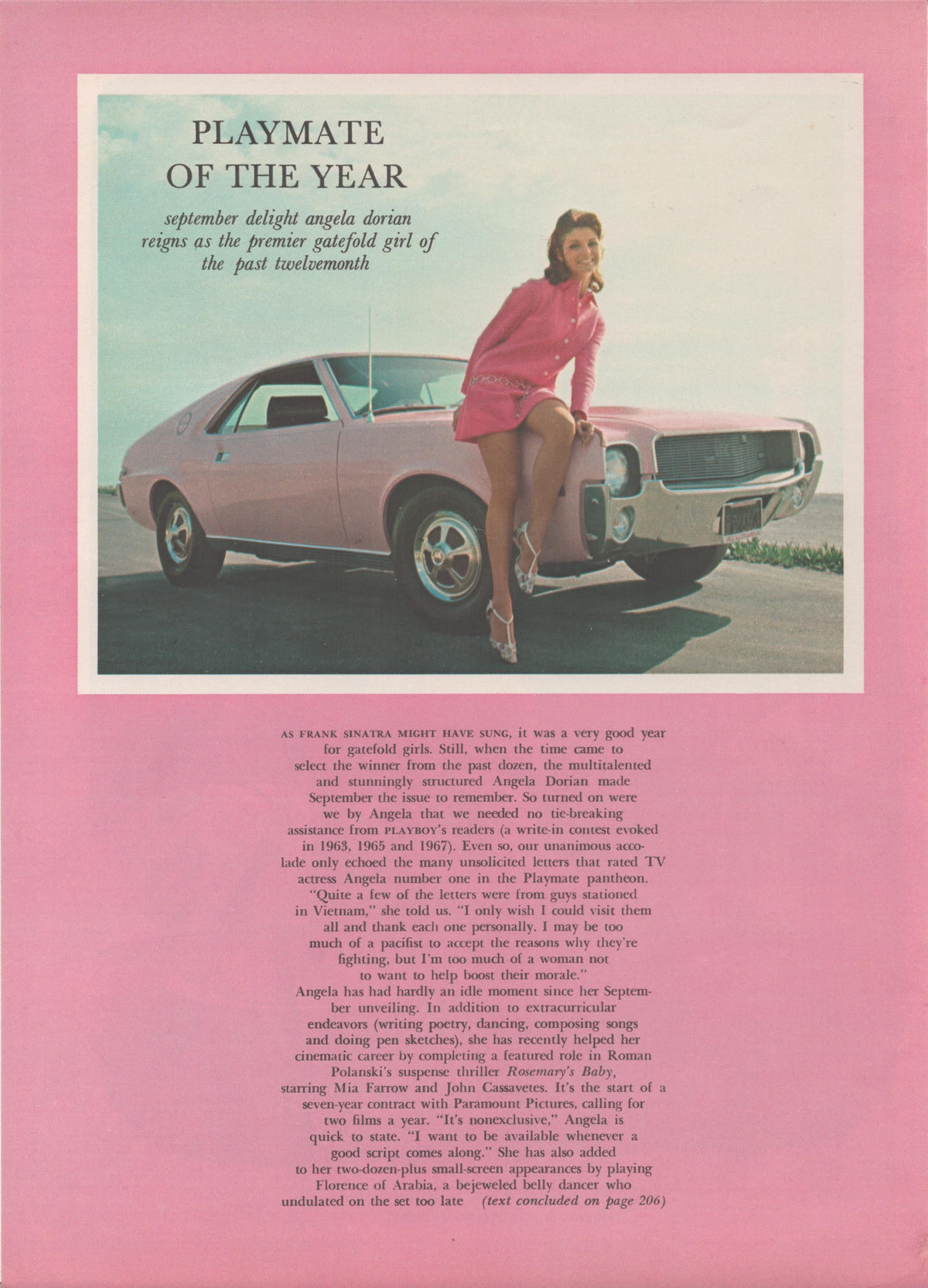 Vintage 1968 AMC Javelin original print advertisement, Angela Dorian Playmate of the Year posed against a pink AMC Javelin coupe on open road