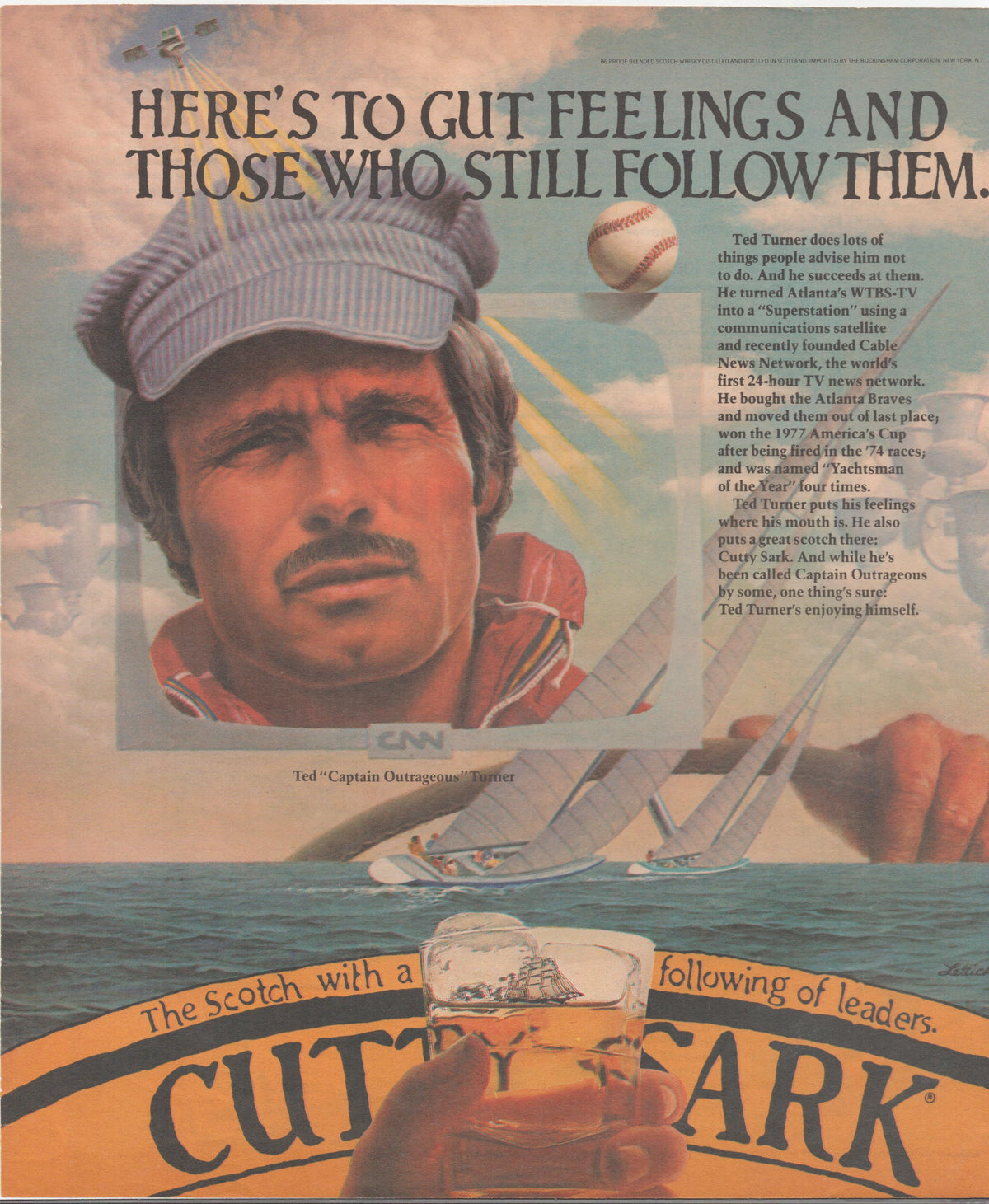 Vintage 1981 Cutty Sark Scotch original print advertisement, illustrated portrait of Ted Turner with sailing yachts, baseball, and CNN logo, 'Here's to gut feelings' headline