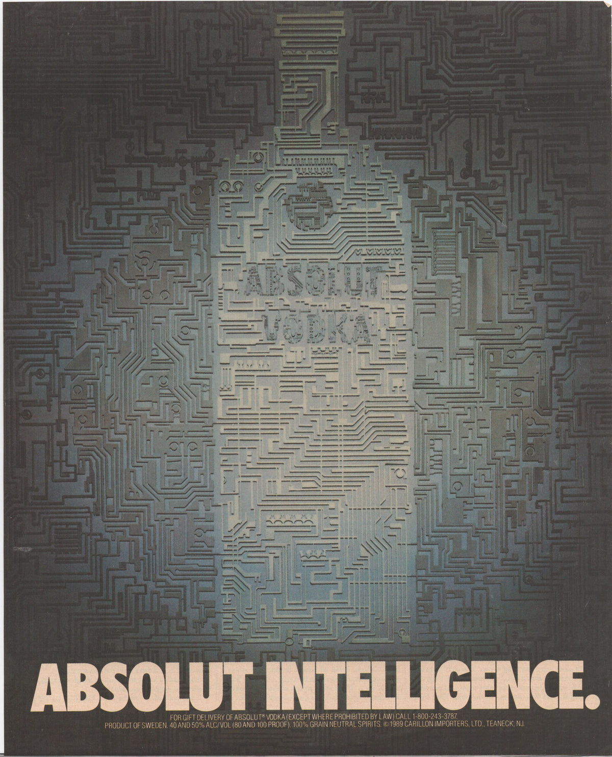 Vintage 1989 Absolut Vodka original print advertisement, Absolut bottle silhouette formed entirely from circuit board traces on dark background, headline reads Absolut Intelligence