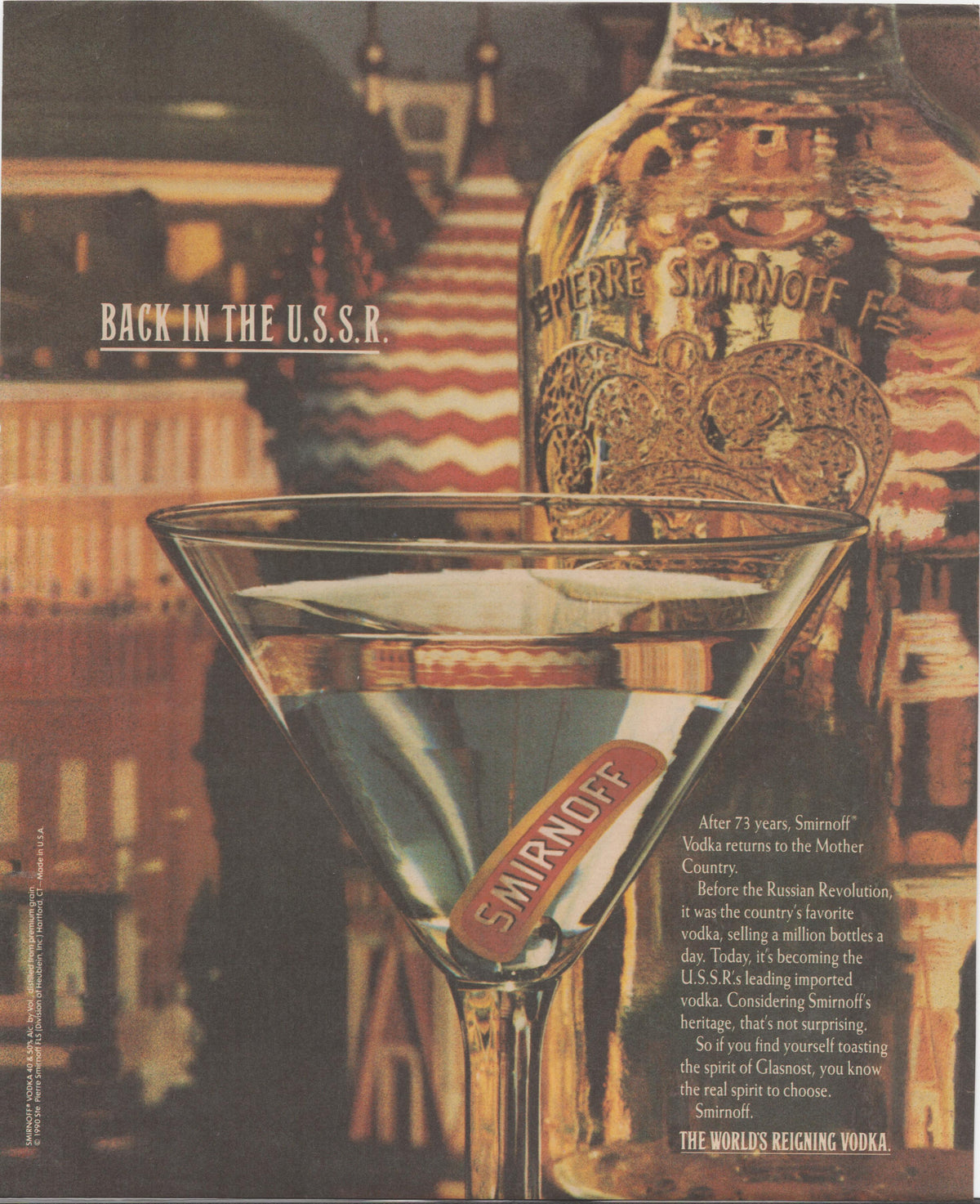 Vintage 1990 Smirnoff Vodka original print advertisement, martini glass in foreground with Pierre Smirnoff bottle against warm Russian interior backdrop, 'Back in the U.S.S.R.' headline