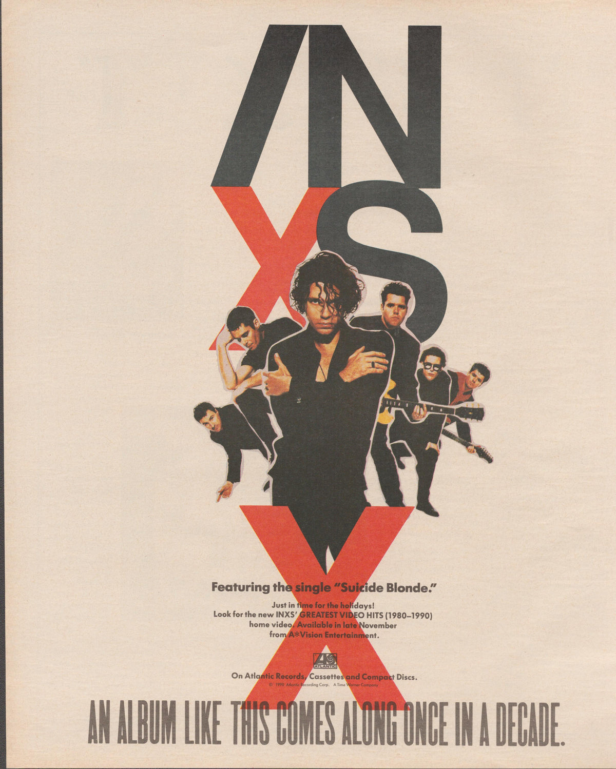 Vintage 1990 INXS 'X' album original print advertisement, featuring Michael Hutchence and band members beneath bold red and black INXS logo with 'Suicide Blonde' single mention