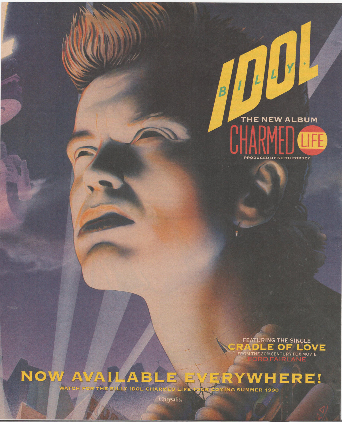 Vintage 1990 Billy Idol Charmed Life original print advertisement, dramatic illustrated portrait of Billy Idol with yellow stylized typography announcing the new album and Cradle of Love single
