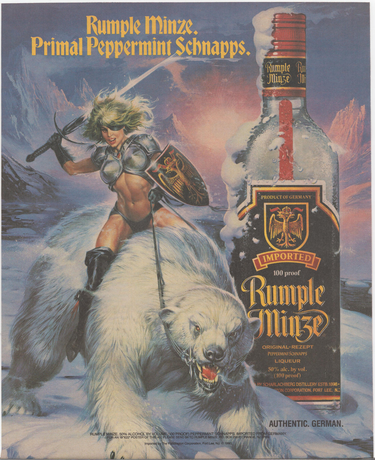 Vintage 1985 Rumple Minze Peppermint Schnapps original print advertisement, fantasy warrior woman riding polar bear with sword and shield, large product bottle in snowy mountain setting