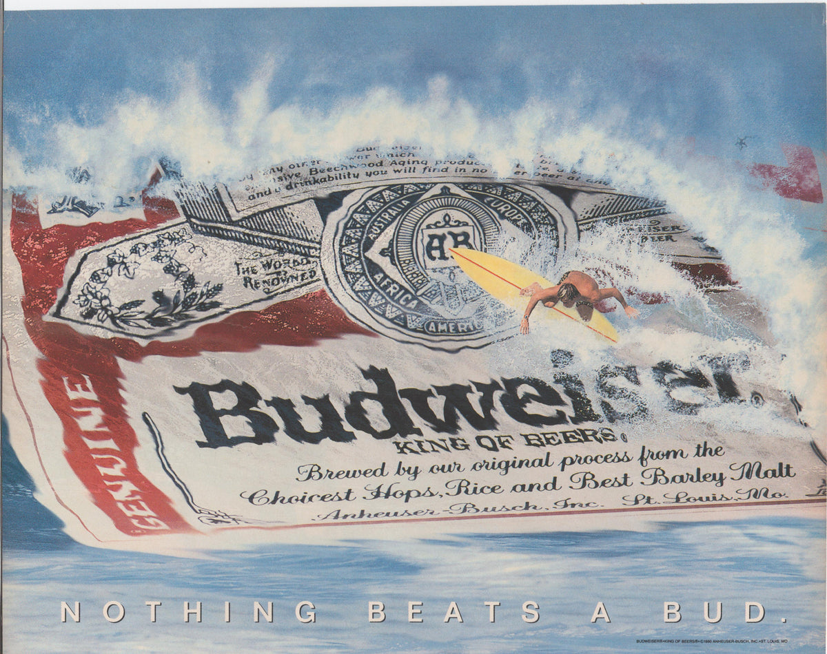 Vintage 1980s Budweiser King of Beers original print advertisement, surfer riding giant Budweiser can through crashing ocean wave with 'Nothing Beats a Bud' tagline