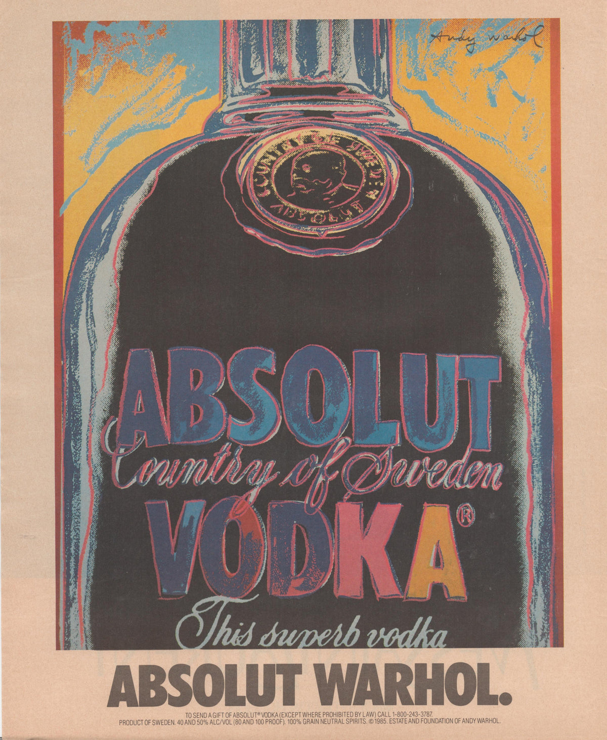 Vintage 1985 Absolut Warhol Vodka original print advertisement, Andy Warhol Pop Art silkscreen-style rendering of Absolut bottle in bold blues, pinks, and golds with artist signature