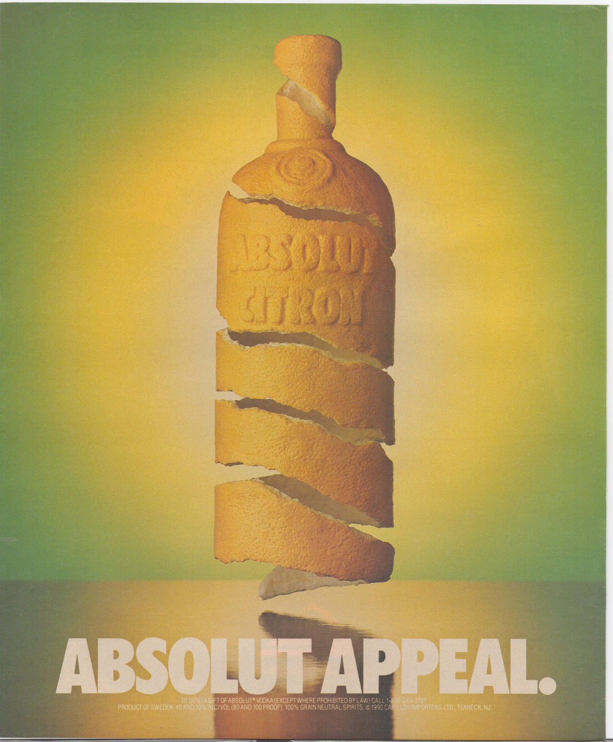 Vintage 1990 Absolut Citron original print advertisement, lemon-carved bottle sculpture sliced in spiral sections against yellow-green gradient background with 'Absolut Appeal' headline