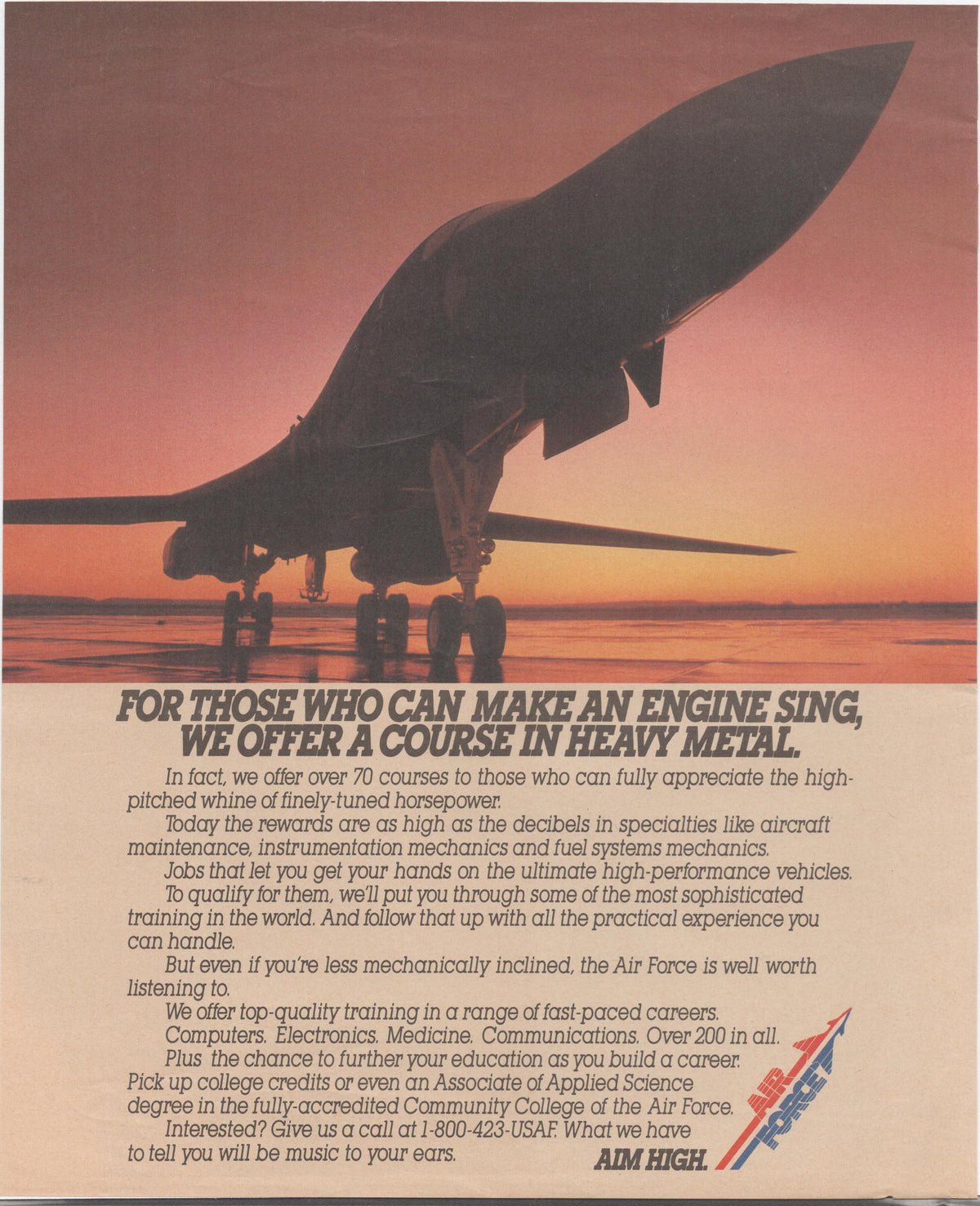 Vintage 1980s U.S. Air Force Aim High original print advertisement, dramatic sunset silhouette of B-1B Lancer bomber on tarmac with recruitment copy below