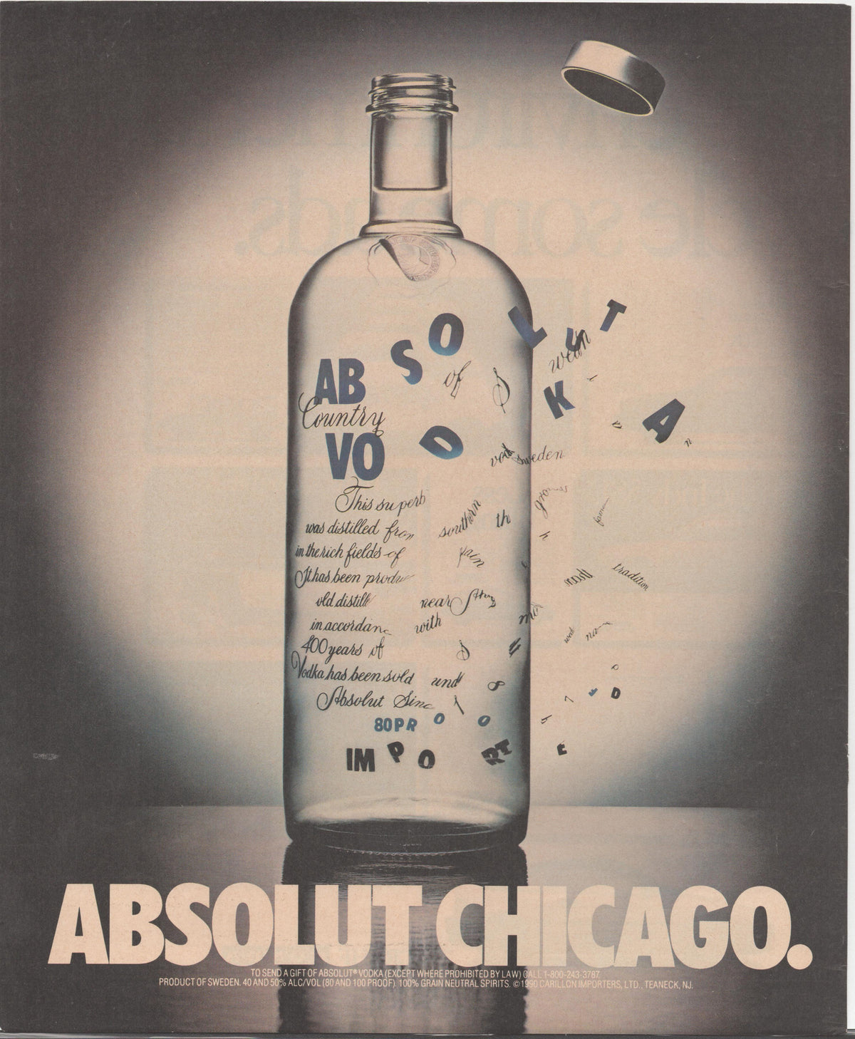 Vintage 1980s Absolut Chicago original print advertisement, black and white image of Absolut vodka bottle with cap flying off and letters scattering in the air, bold headline reads ABSOLUT CHICAGO