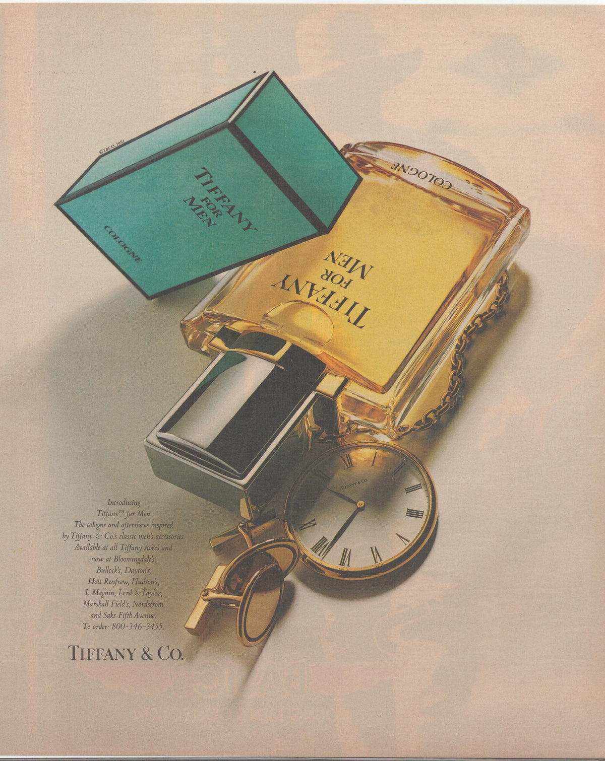 Vintage 1980s Tiffany &amp; Co. For Men original print advertisement, gold cologne bottle and robin's-egg blue box with gold pocket watch on soft background