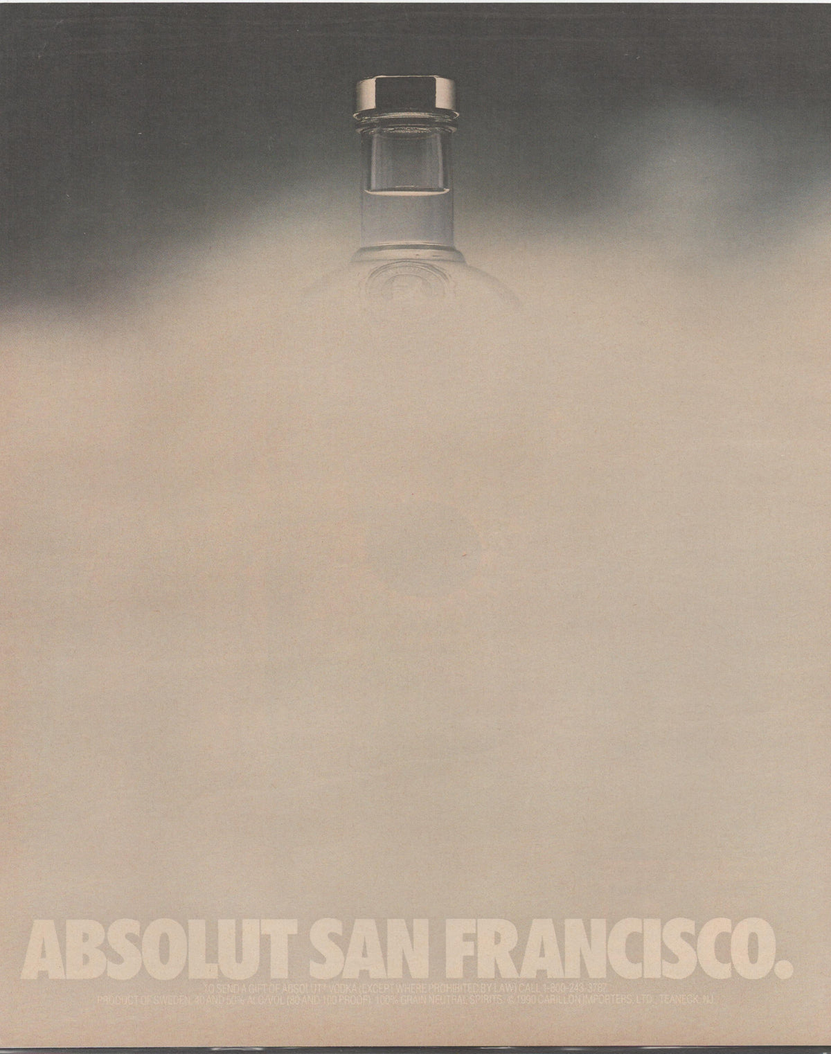 Vintage 1990 Absolut San Francisco original print advertisement, Absolut vodka bottle emerging from dense fog on gray background with bold headline text